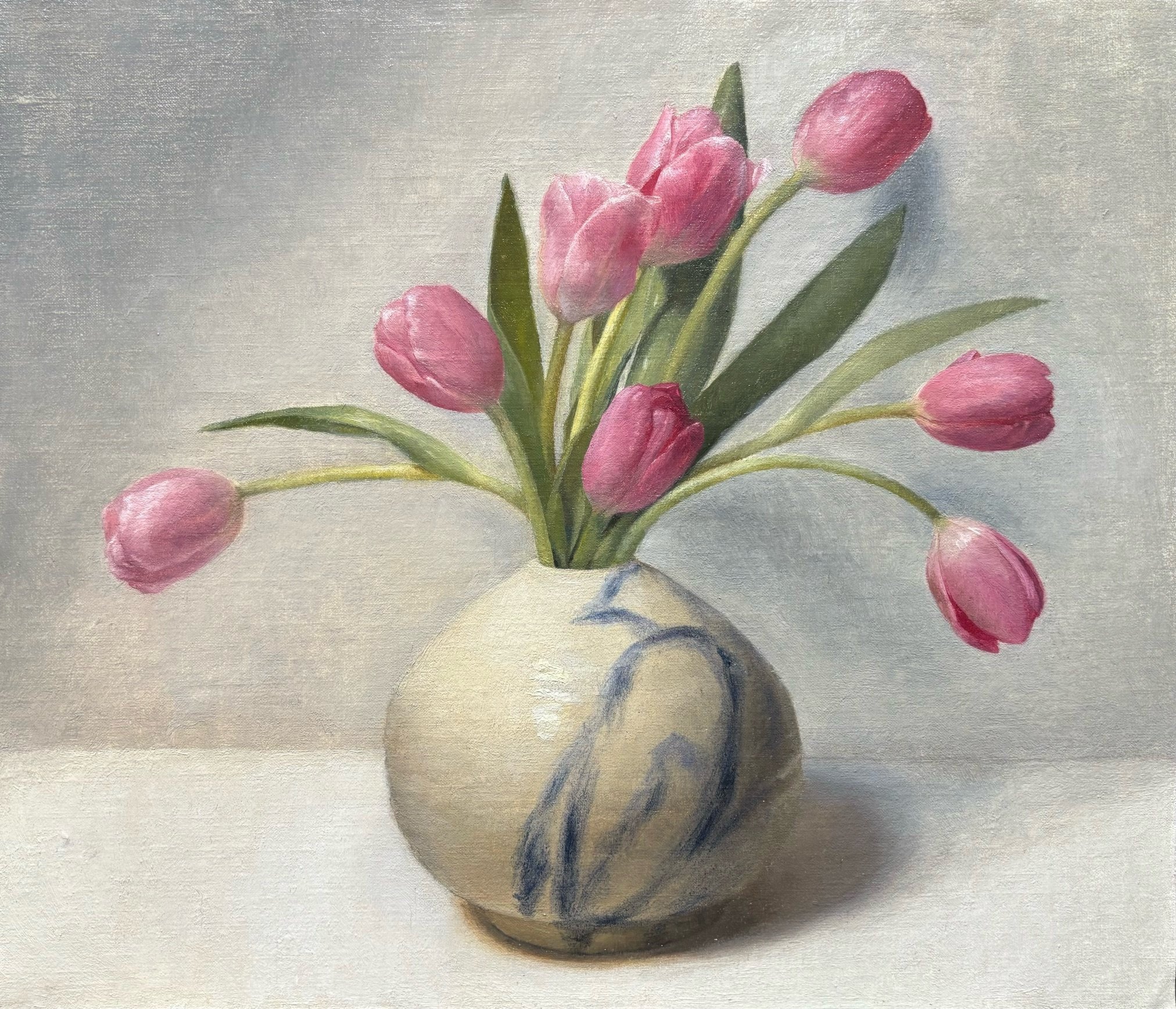 "Rainy Day Tulips," 13x15 inches, oil on canvas