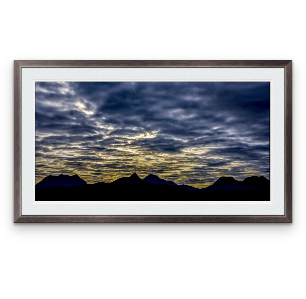 Coigach and Assynt skyline | Frame: 23mm wide, black/grey | Size (approx): 804 x 469mm | Double mount, Snow White | £225