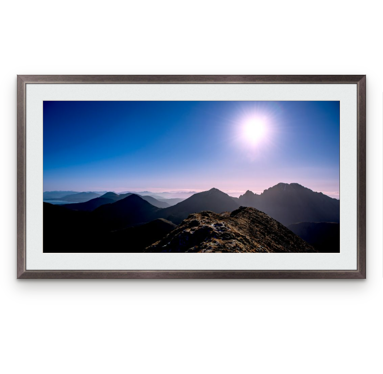 Clach Glas and Blà Bheinn, The Cuillin | 
Frame: 23mm wide, black | 
Size (approx): 904 x 526mm | Double mount, Snow White | £220.00
