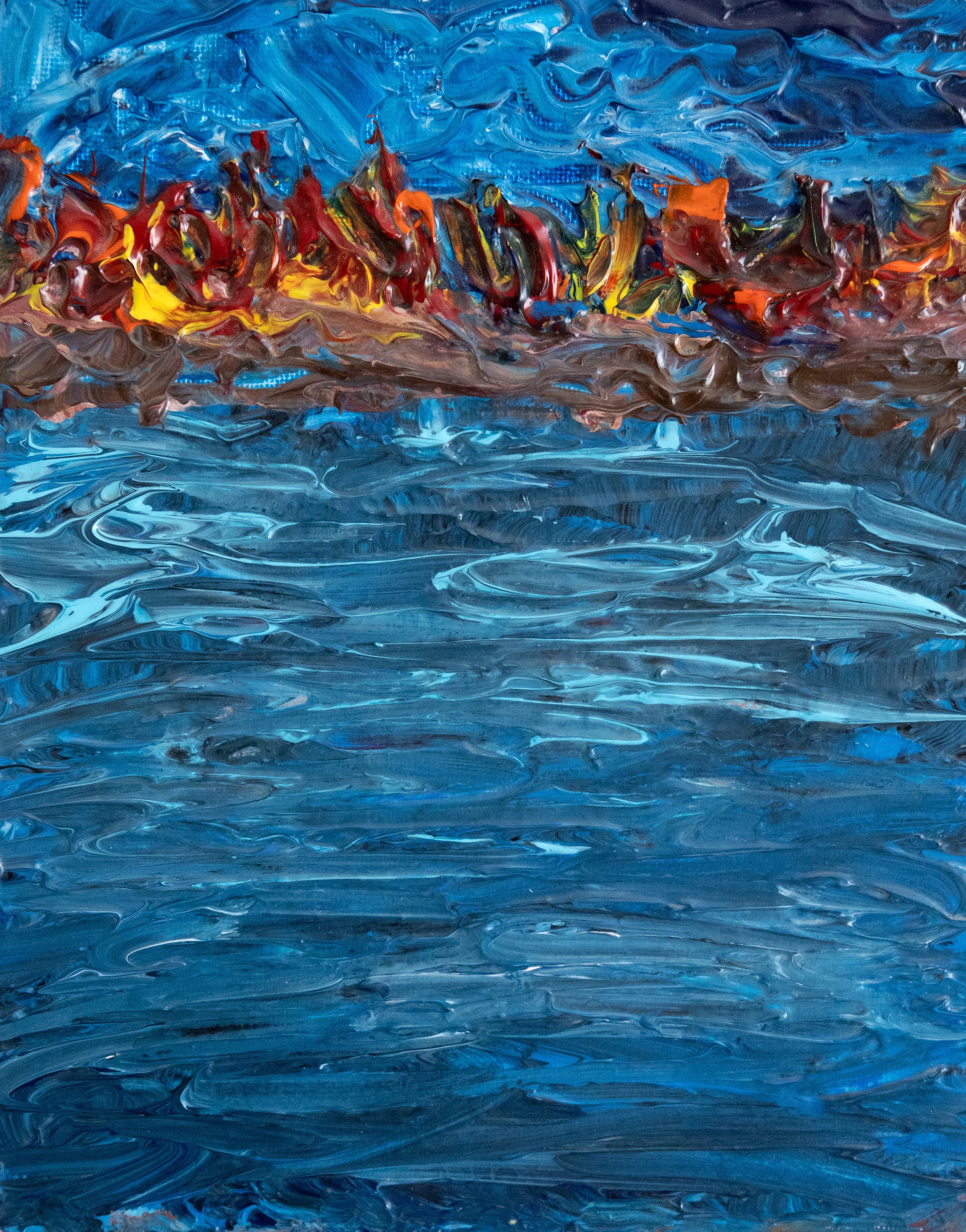 Abstract painting with a blue background and a colorful, textured section in the middle with reds, yellows, blacks, and greens.