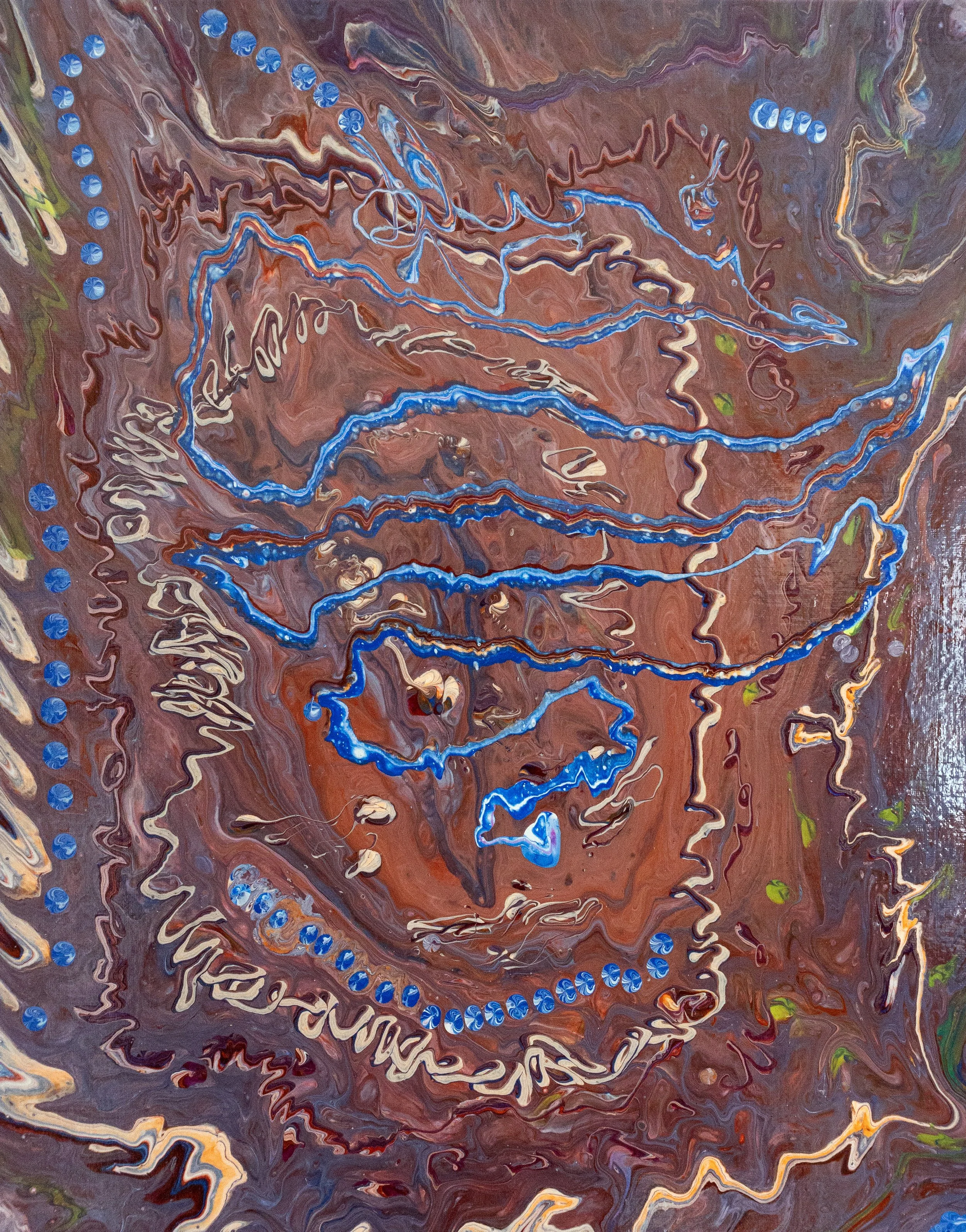An abstract painting with swirling patterns in shades of brown, blue, cream, and green, featuring dotted lines and zigzag shapes.