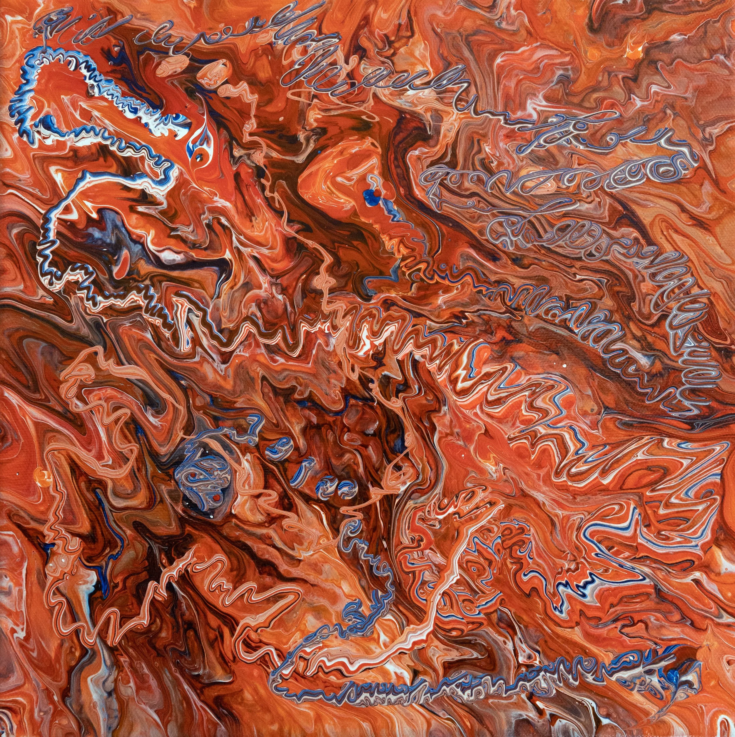 An abstract painting with swirling patterns in shades of orange, brown, white, blue, and black, featuring a handwritten-style message overlay that reads, 'I hope you have a great day'.