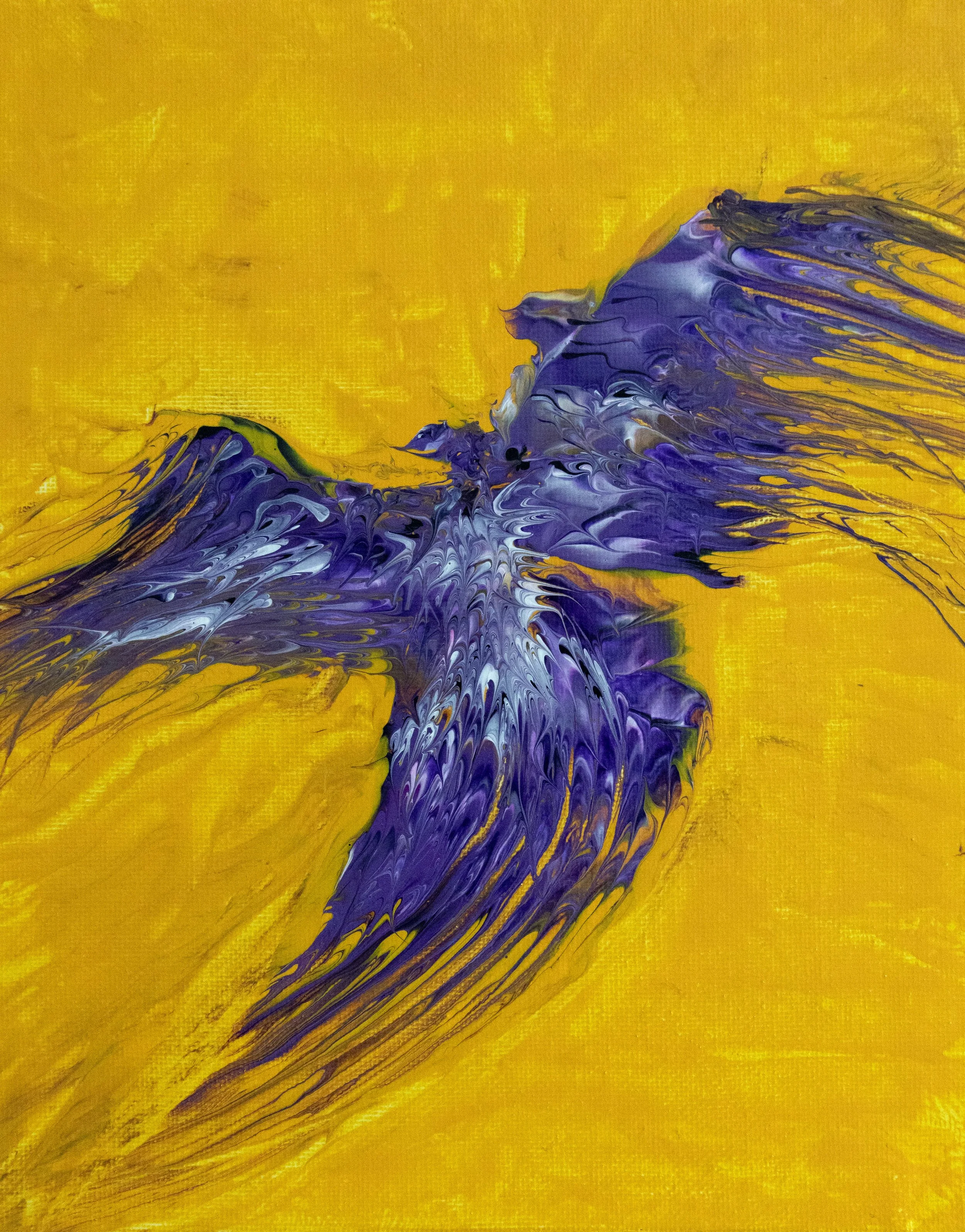 Abstract painting with yellow background and purple, white, and black swirls resembling a mountain or wave.