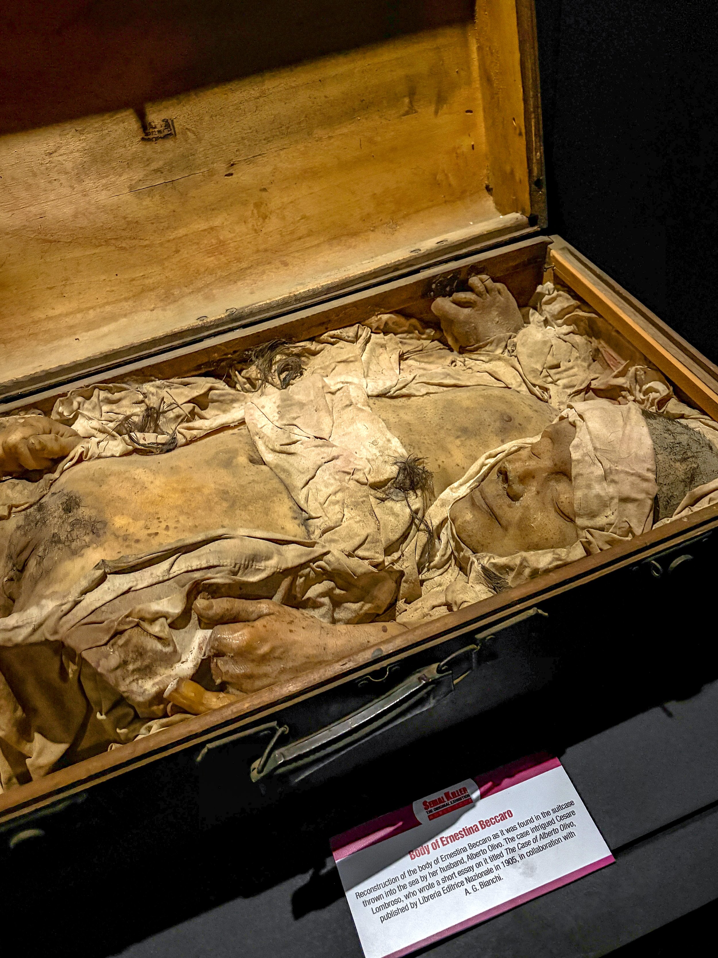 The image shows the reconstructed body of Ernestina Beccaro inside a glass display case. The body is laid out on fabric and appears to be preserved, with visible hands and facial features. There is an informational placard in front of the case explai