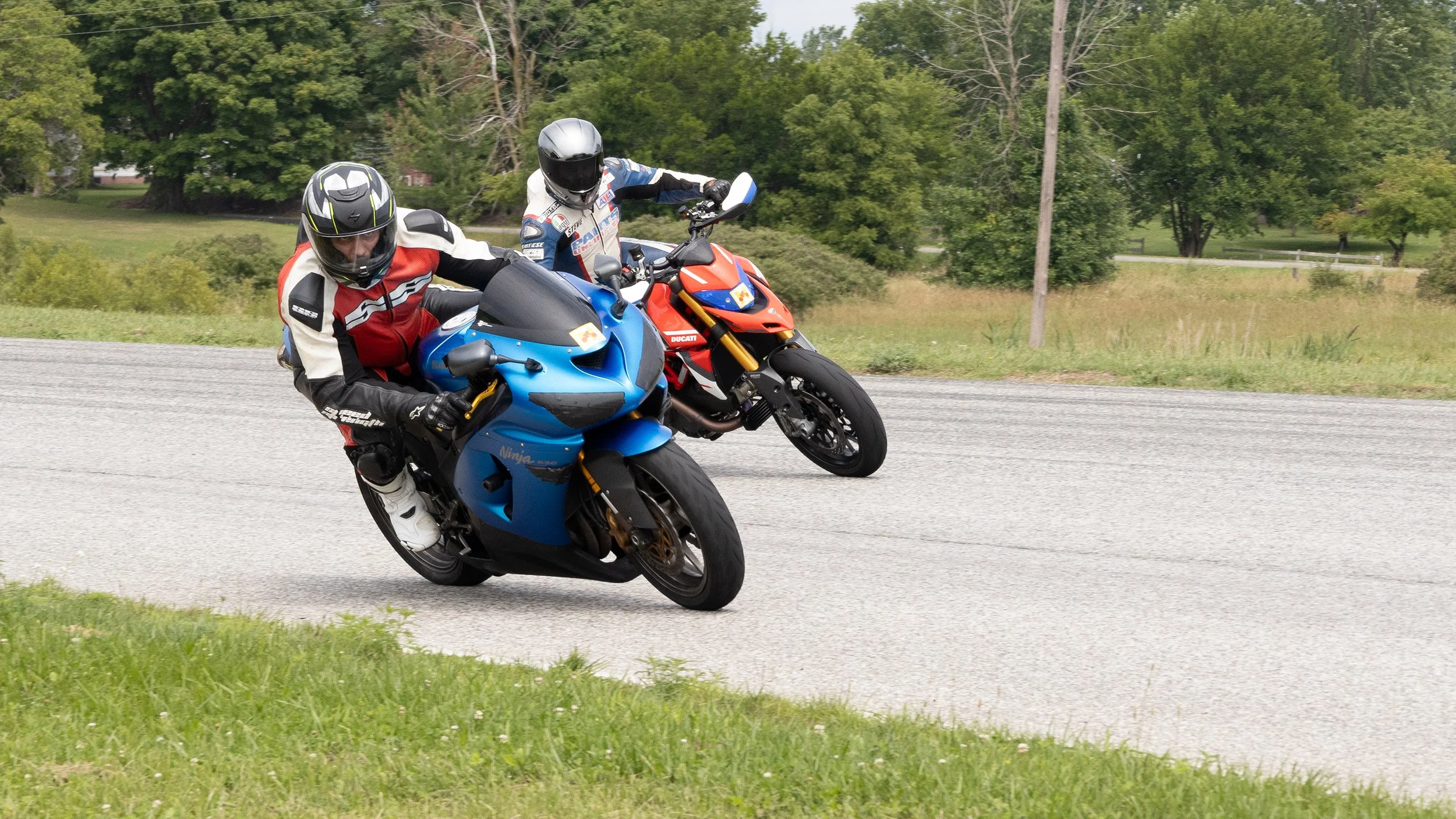 Two motorcyclists riding on a paved road surrounded by green trees, one on a blue motorcycle and the other on a red motorcycle, with grassy area in foreground.