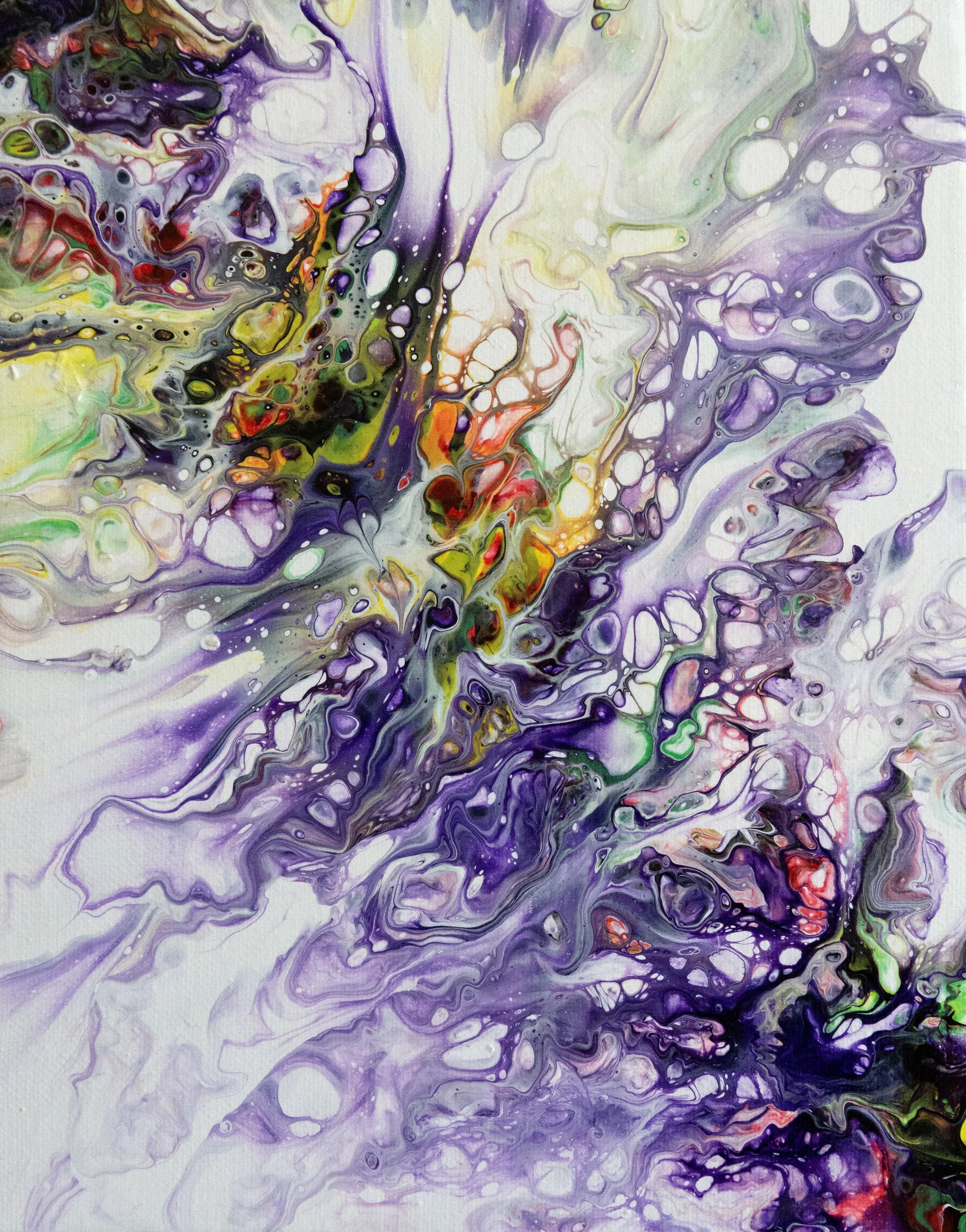 Colorful abstract painting with swirling patterns of purple, green, yellow, orange, black, red, and white, resembling fluid or marbled textures.