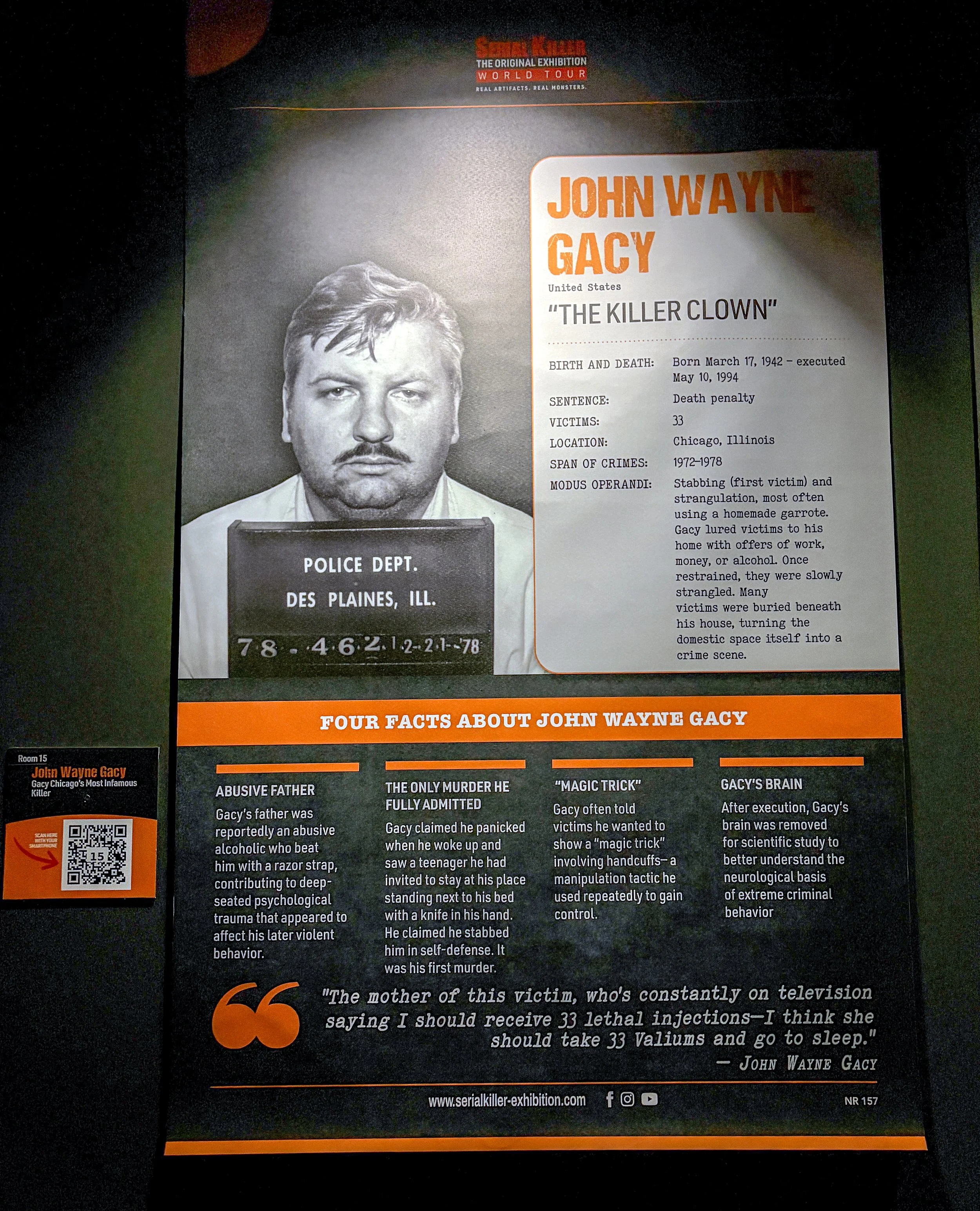 Poster about John Wayne Gacy, the infamous American serial killer, including a black and white photo of him, details of his crimes, and facts about his life and death, with a QR code at the bottom left.