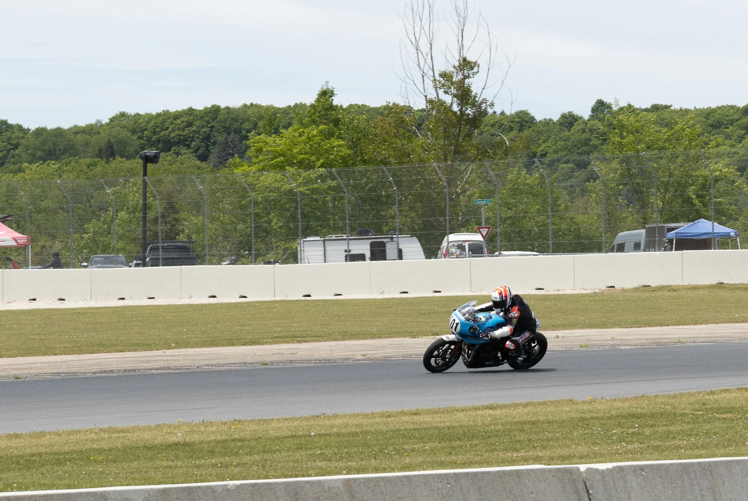 A motorcycle racer in black and red gear riding a blue racing motorcycle on a racetrack with a green grassy area and trees in the background.