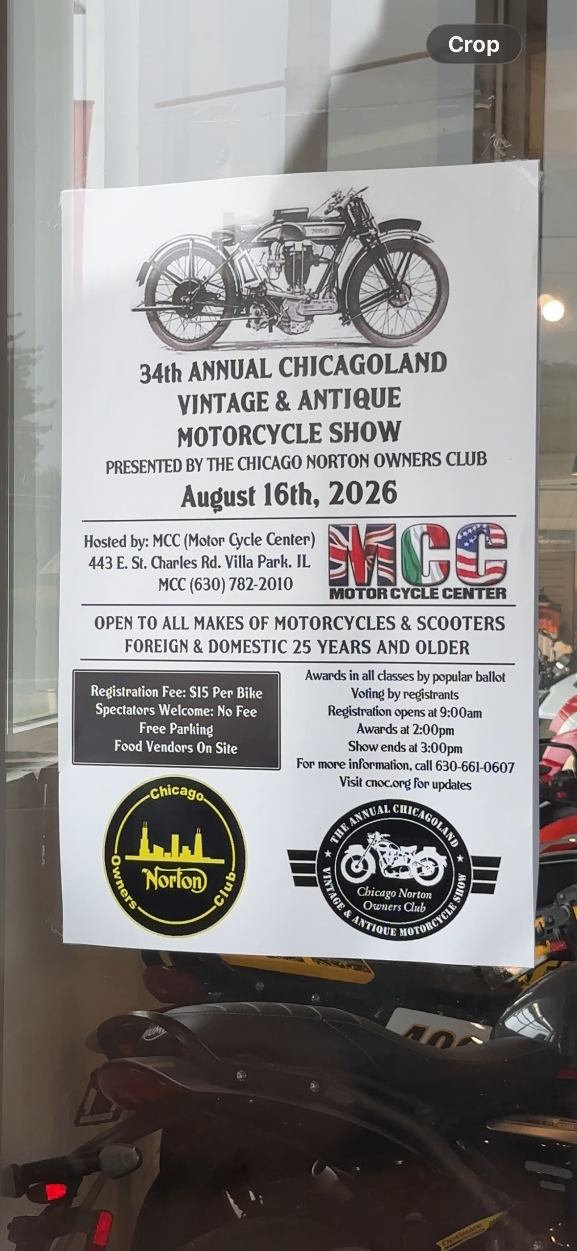Flyer for the 34th Annual Chicagoland Vintage & Antique Motorcycle Show, scheduled for August 16th, 2026, hosted by the Chicago Norton Owners Club at the Motor Cycle Center in Villa Park, Illinois.