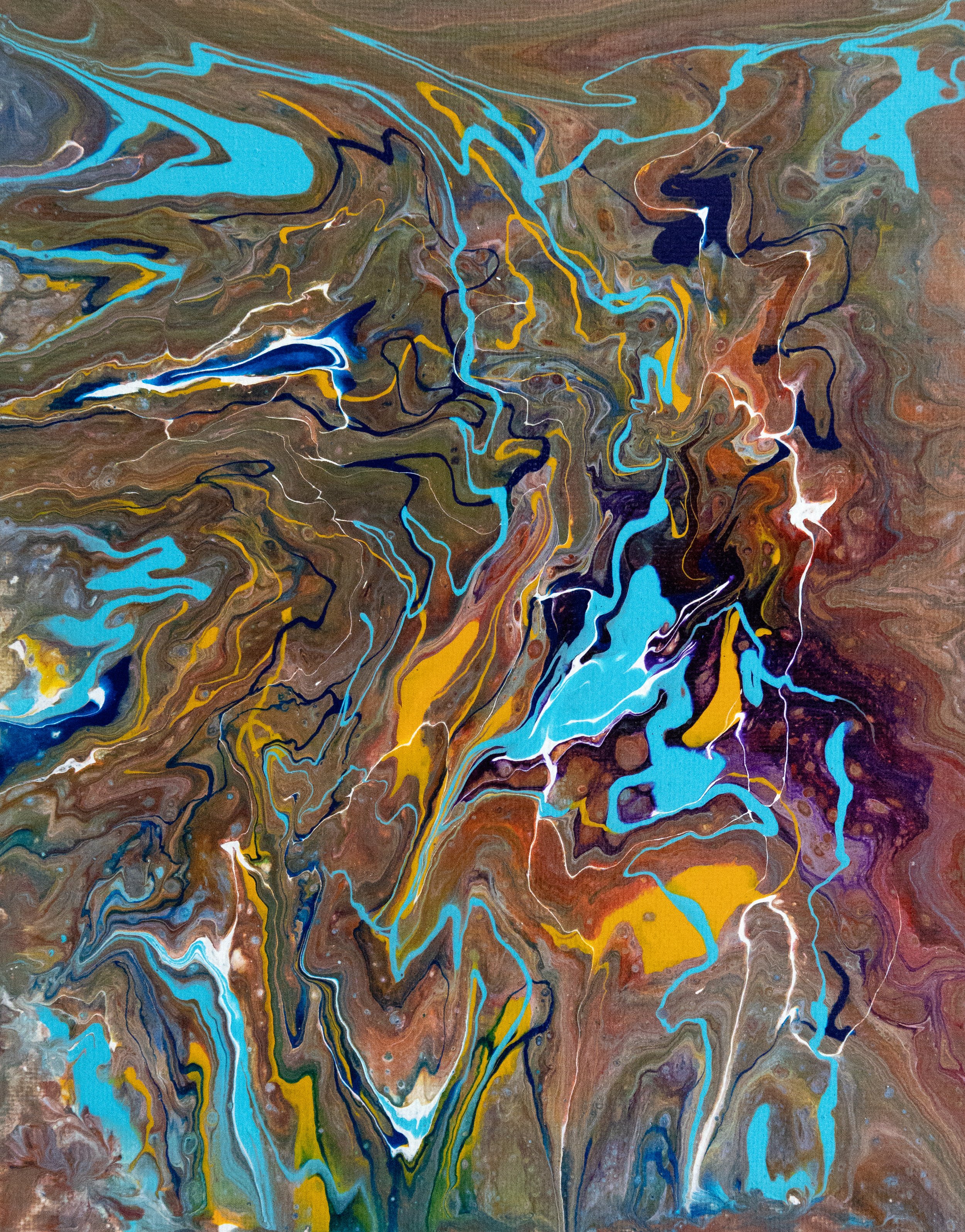 Abstract painting with swirling patterns in brown, blue, yellow, black, white, and hints of purple.