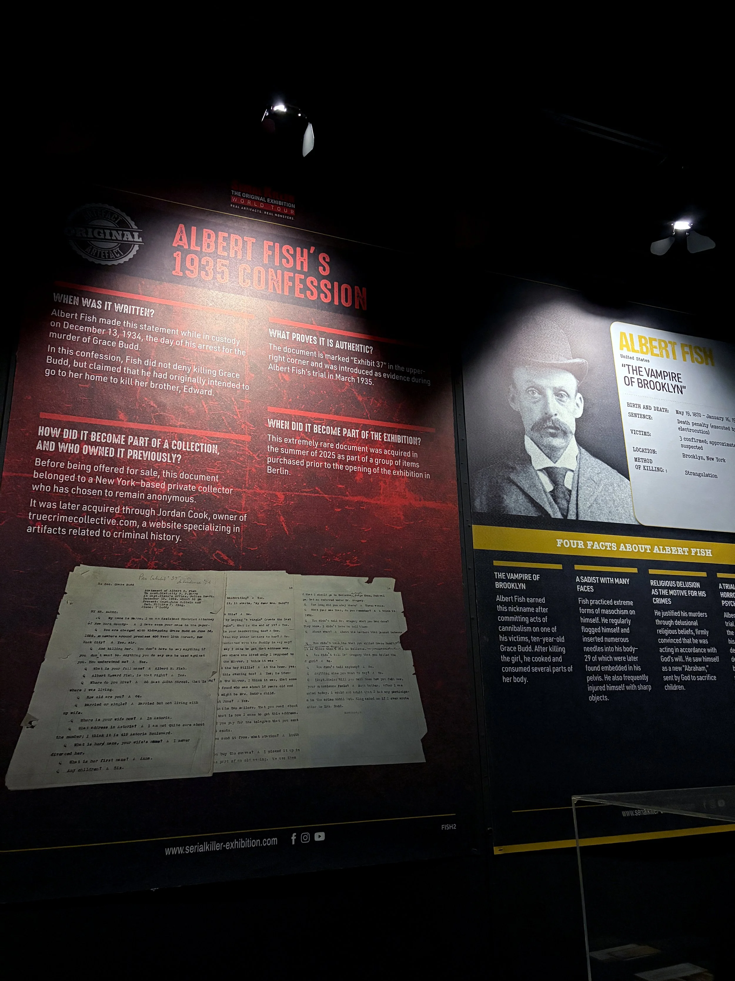 Exhibition display titled "Albert Fish's 1935 Confession" with informational panels and historical documents about Albert Fish, a serial killer, including a black-and-white photo of him.