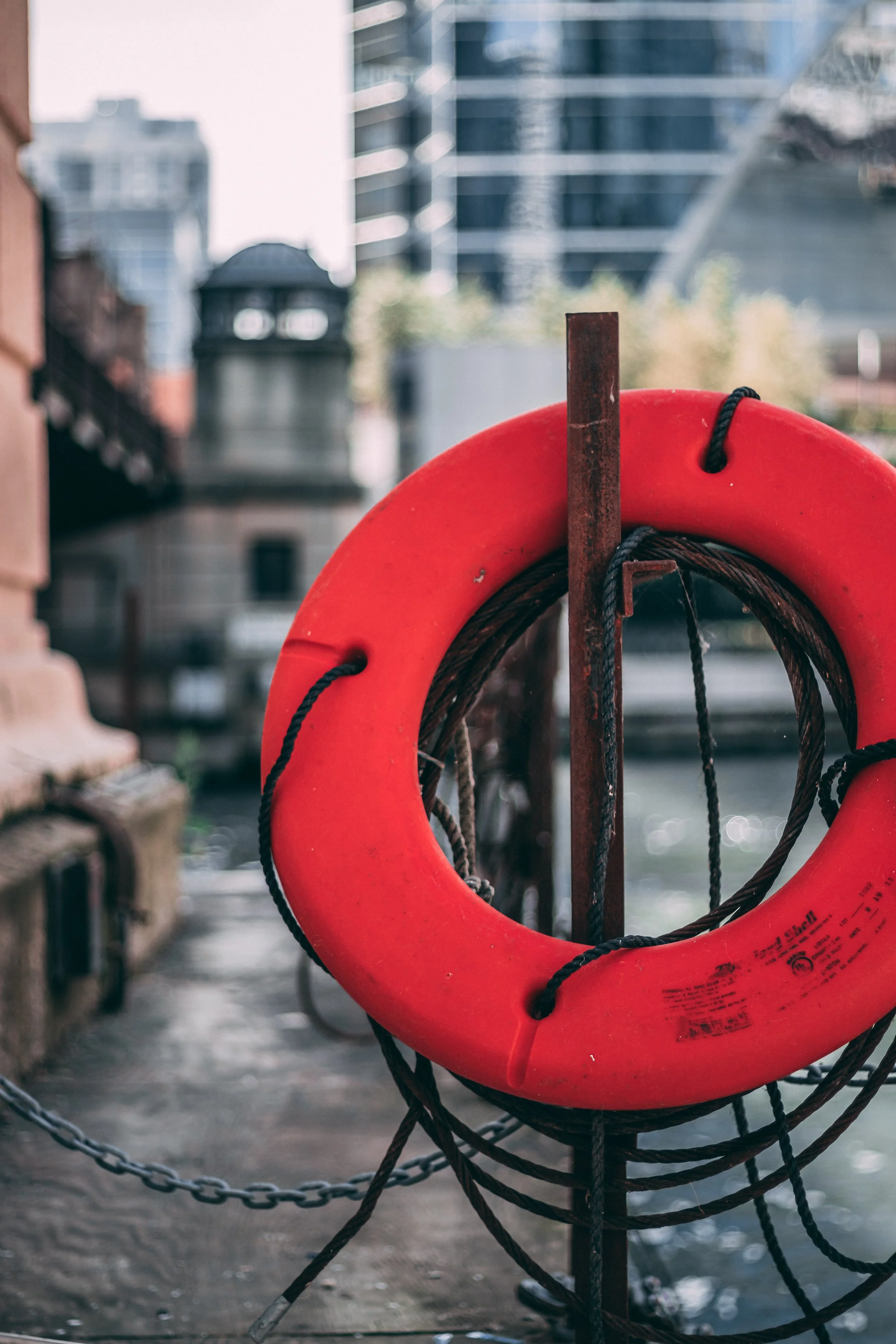 Close-up of a red life buoy attached to a metal pole with ropes at a waterfront, with blurred city buildings in the background.