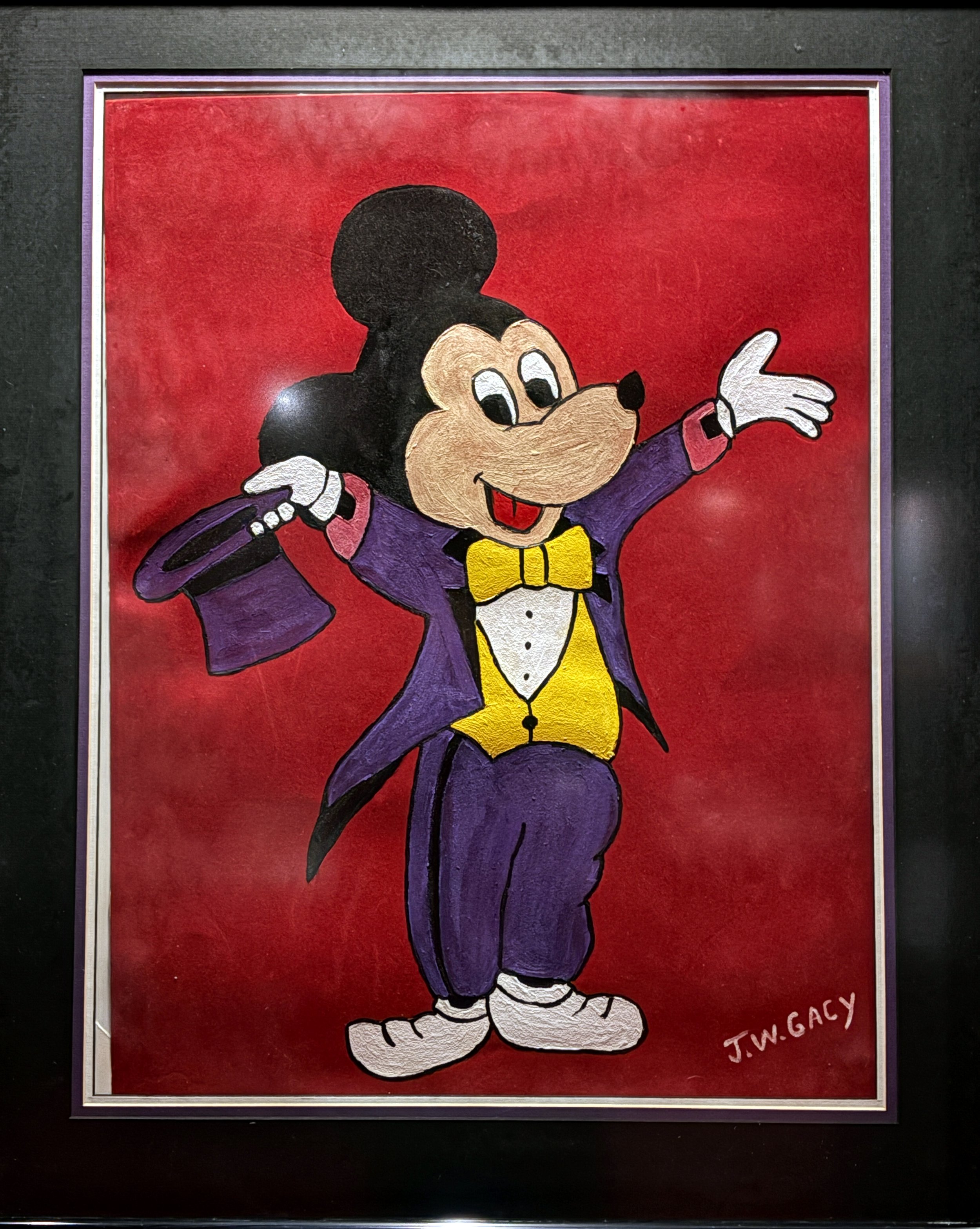 Painting of Mickey Mouse dressed as a magician on a red background, with a signature 'JW.GACY' in the bottom right corner.