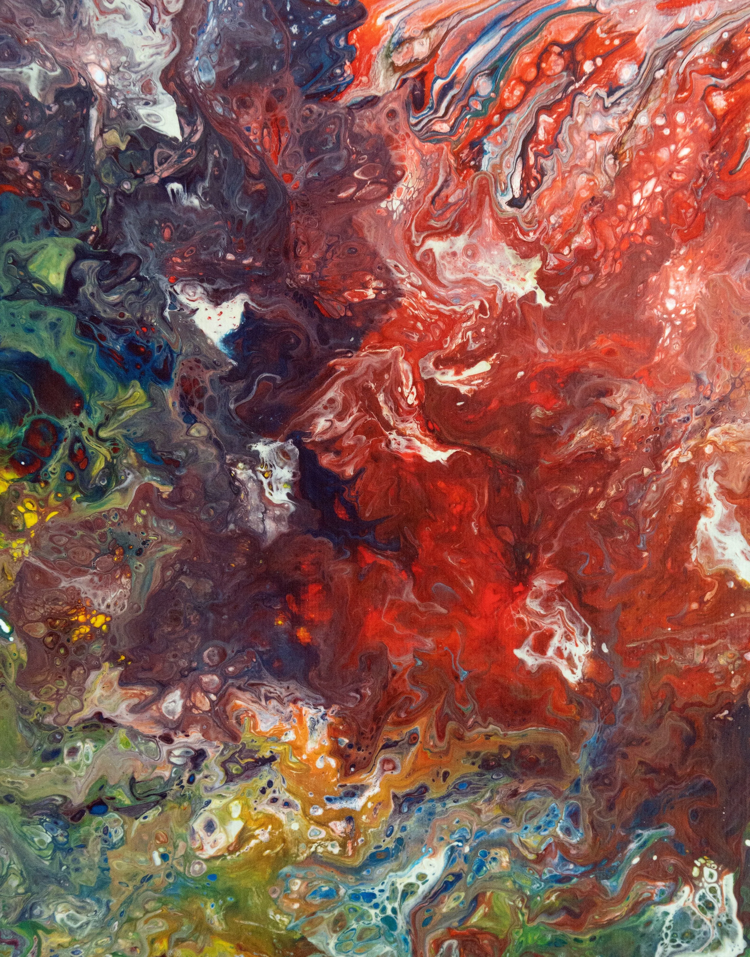 Abstract painting with swirls of vibrant colors including red, green, yellow, dark blue, black, white, and purple. The colors are mixed and fluid, creating a marbled effect.