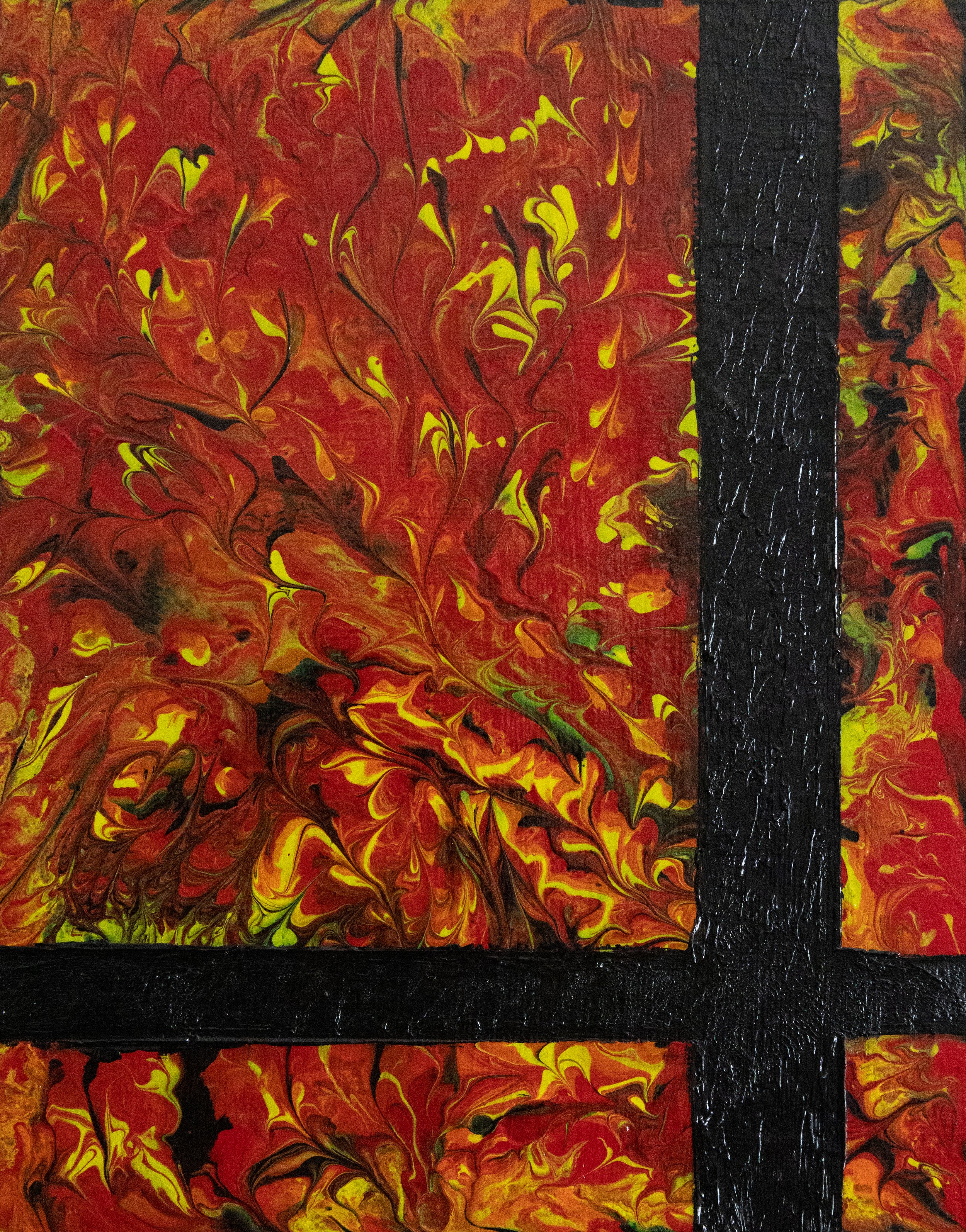 Abstract painting with swirling red, yellow, black, and green colors and a vertical black textured stripe on the right side, all framed with black border.