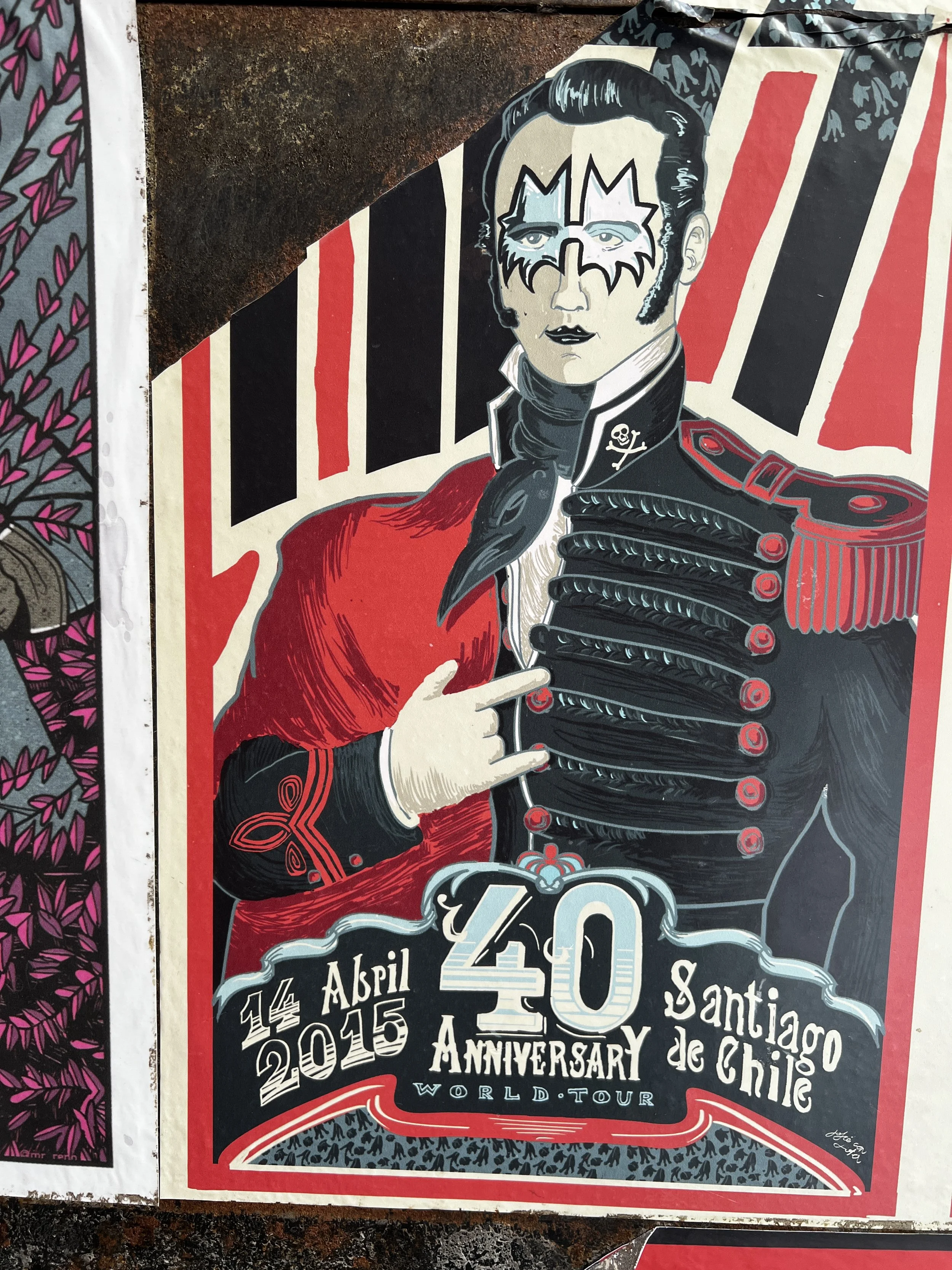 Poster celebrating the 30th anniversary of a world tour by The Killers in Santiago, Chile, from April 14 to April 20, 2015, featuring a stylized illustration of a man with face paint, a dark jacket with skull emblem, and pointing with his right hand.