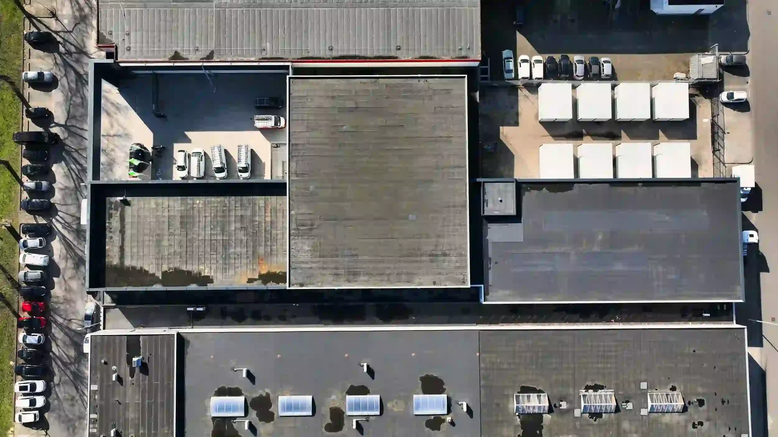 Top-down view of old commercial building roof