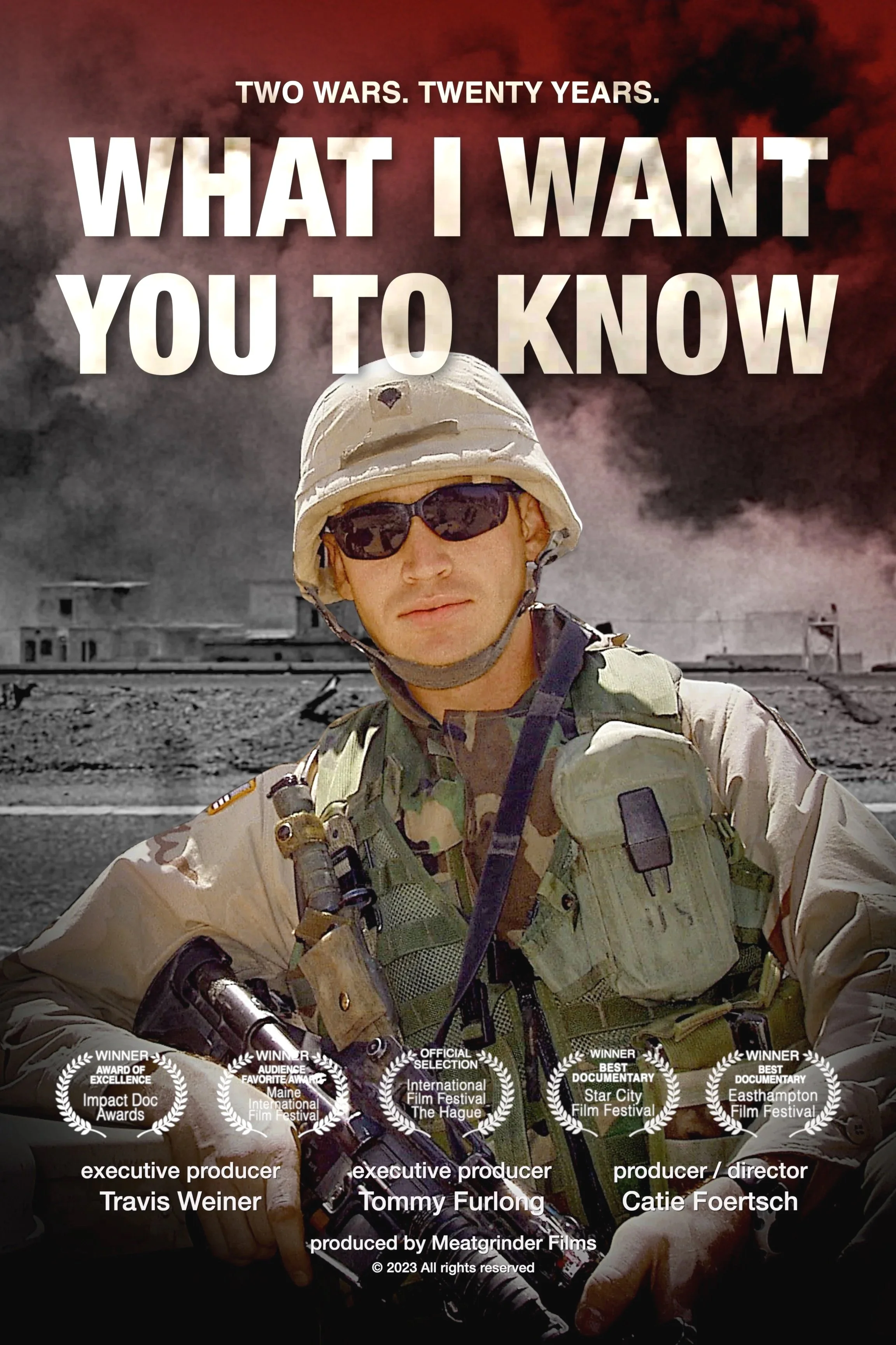 Movie poster with title and soldier in combat gear with helmet and sunglasses
