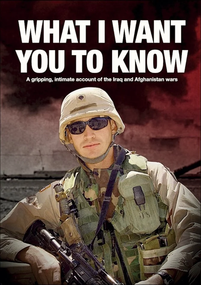 Veteran in full combat gear in front of smoky Iraqi building, underneath film title