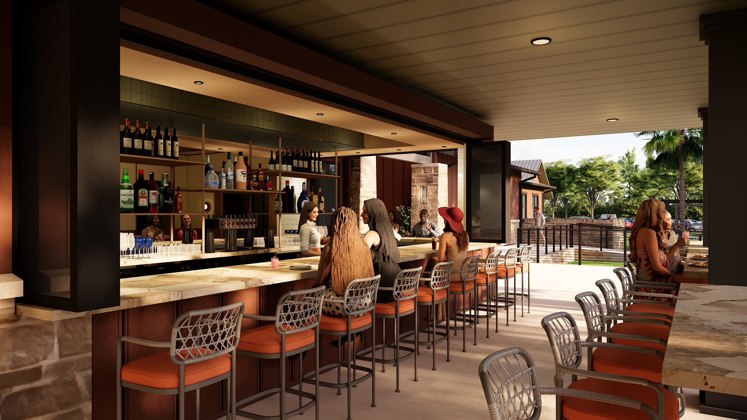 Outdoor Bar and Restaurant at The Harvest Club - A seamless extension of the clubhouse overlooking the pool, designed to become the community's favorite gathering place before and after activities or simply for enjoying Florida's beautiful weather.