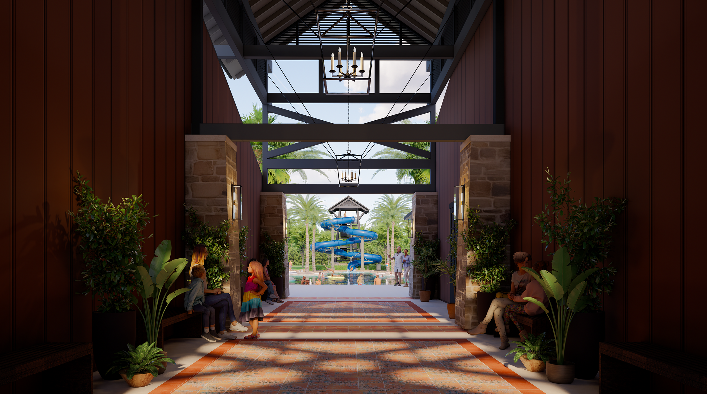 Grand Breezeway Arrival at The Harvest Club - 
A welcoming entrance that creates a true resort arrival experience, connecting the Wellness Center, restaurant, and aquatics complex while offering the first glimpse of the signature tower water slide.