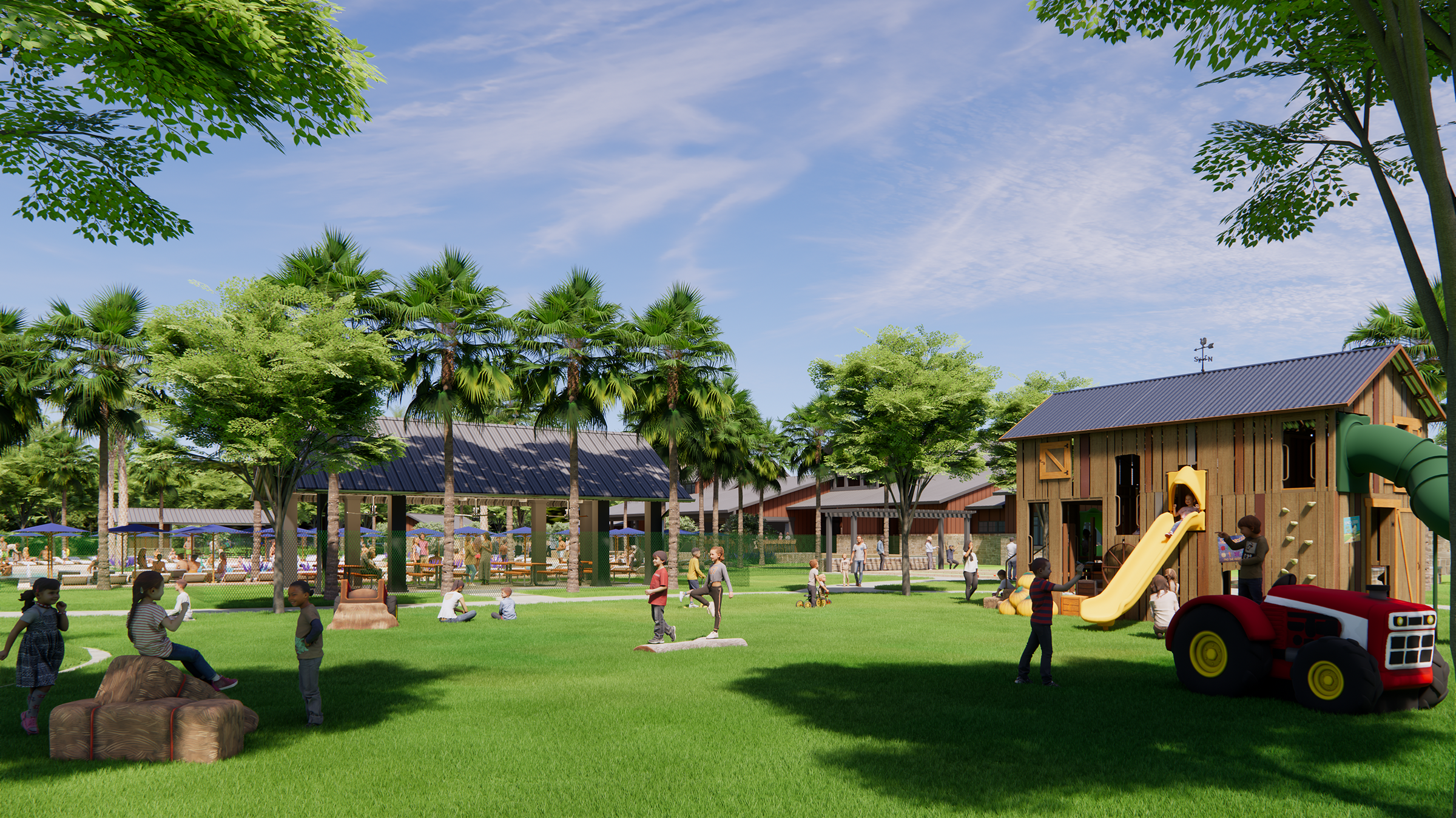 Rendering of natural playground showcasing a farmstead playscape.