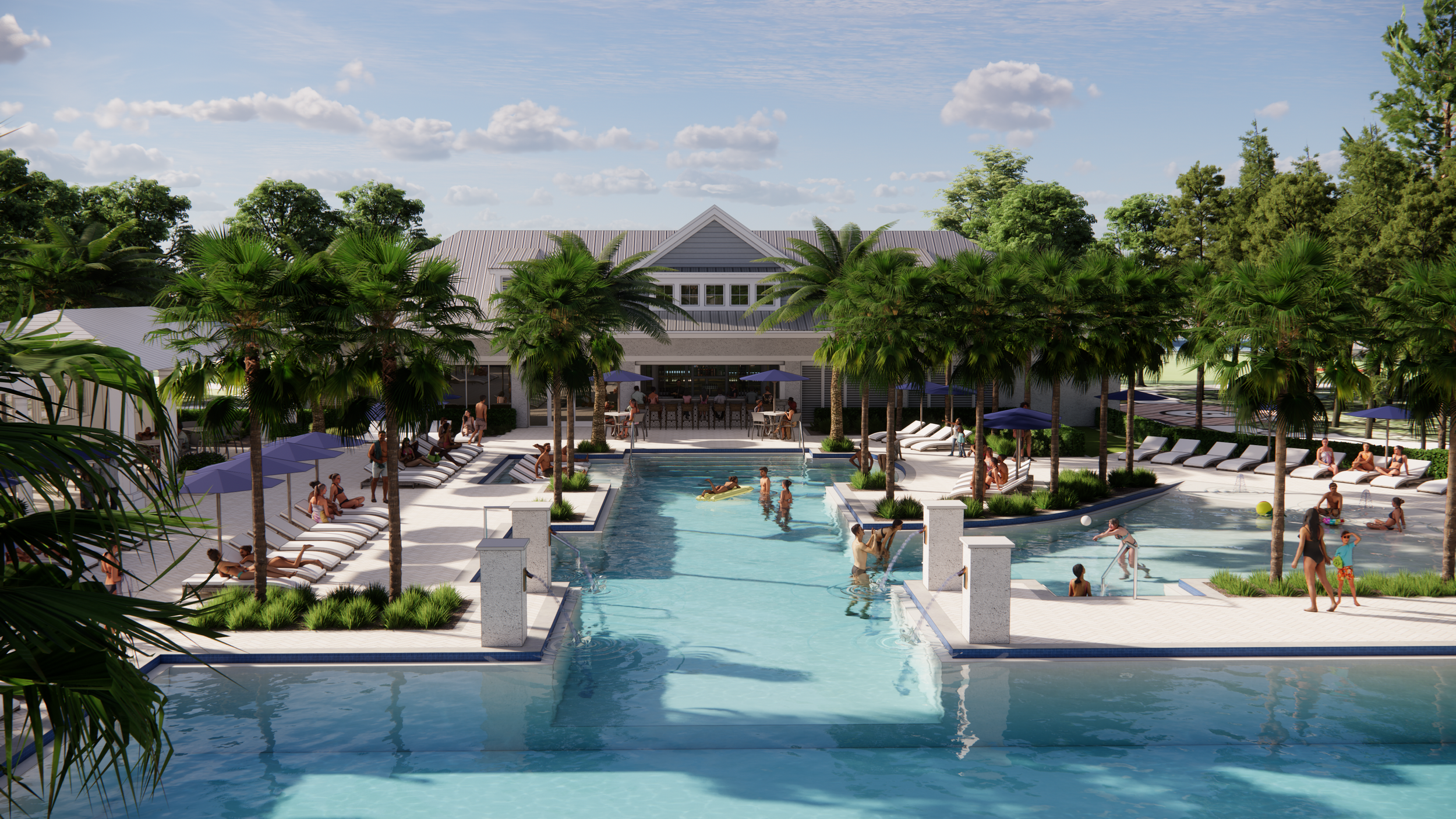 View of the bar and grill from the porch of the wellness building overlooking the pool at Jacksonville Golf and Country Club.