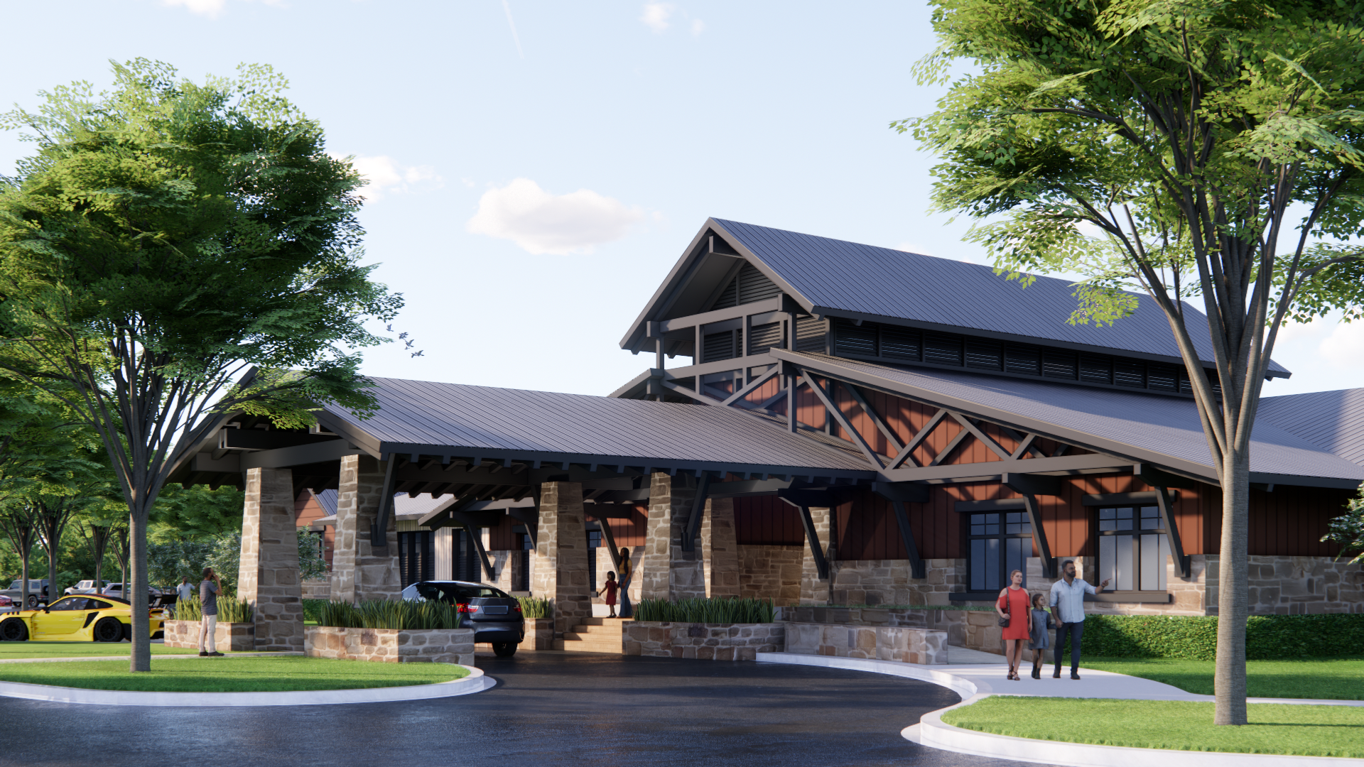 The porte-cochère entry rendering of the Harvest Club at Oakfield Trails