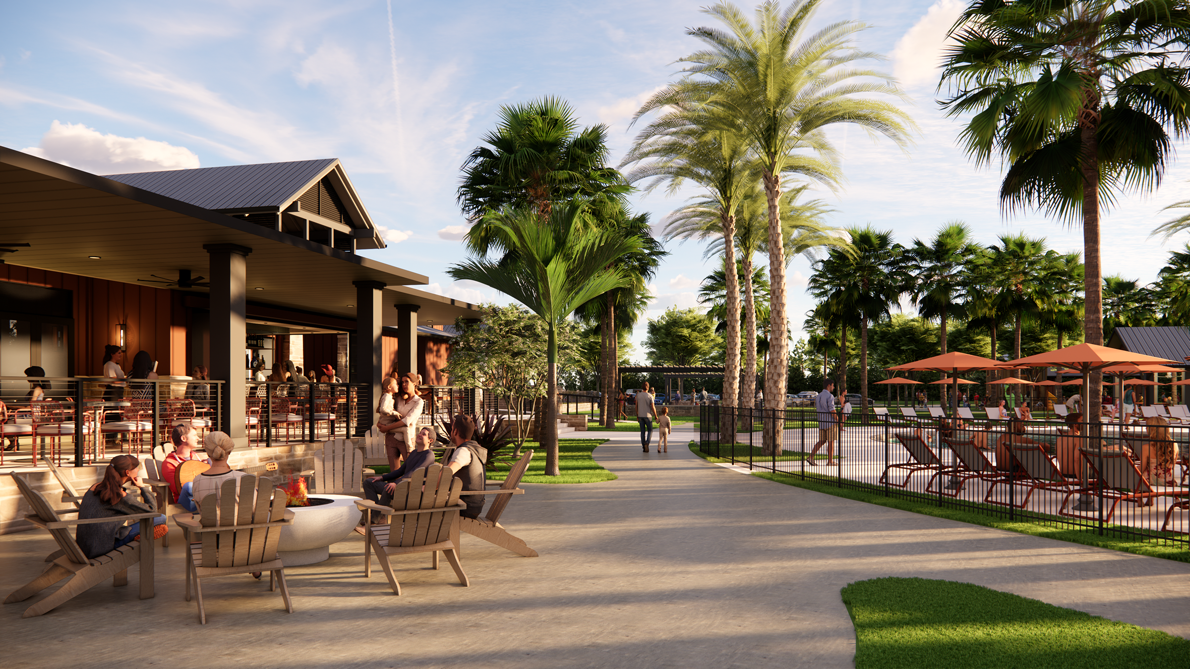 Restaurant Terrace & Pool Deck at The Harvest Club at Oakfield - An expansive outdoor destination connecting dining, aquatics, racket sports, and event spaces, complete with covered seating, fire pit lounges, umbrellas, and comfortable gathering area