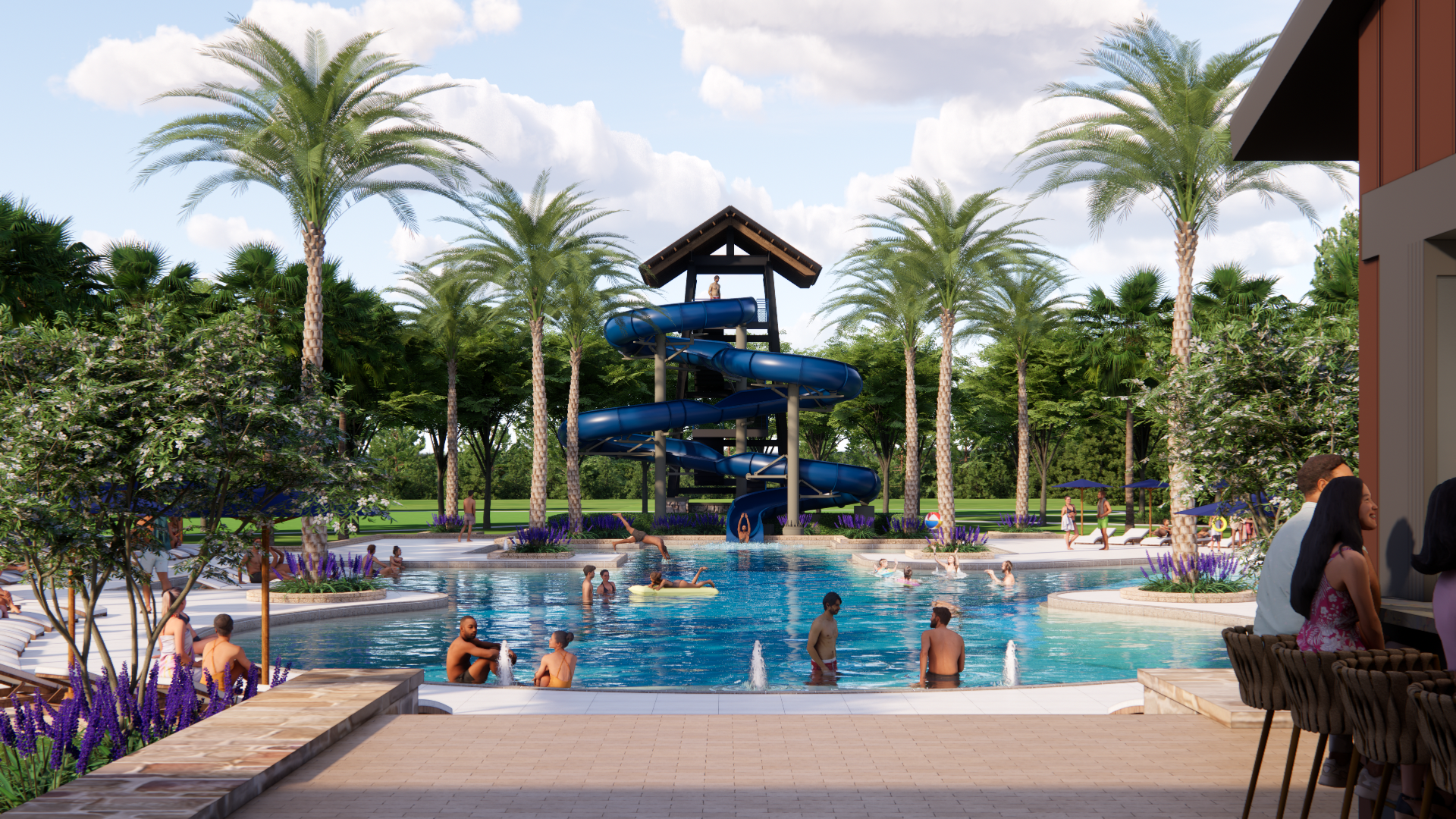 Zero-entry resort style pool rendering with water slide tower in lush tropical setting.