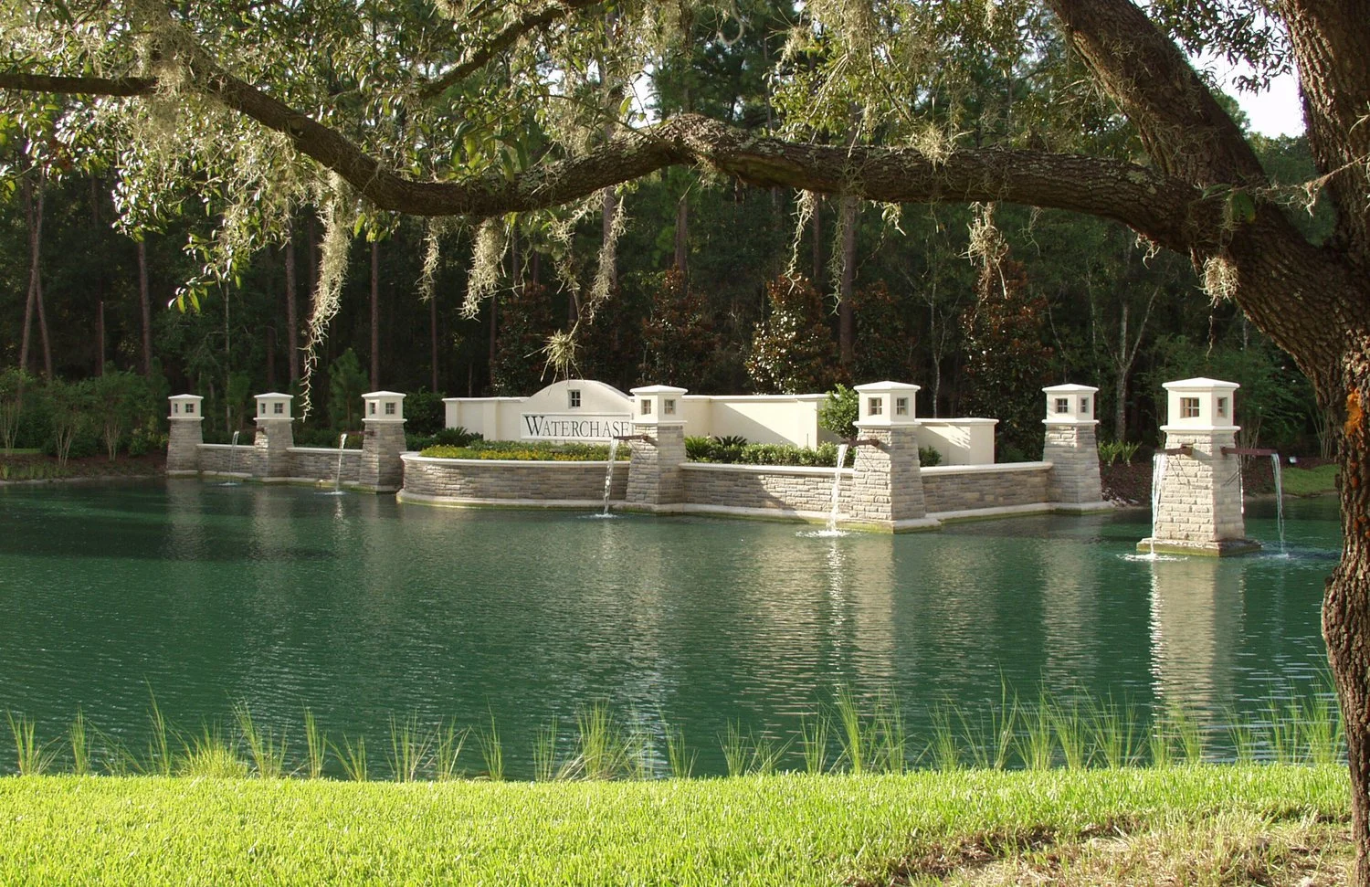 Waterchase monument sign with water features.