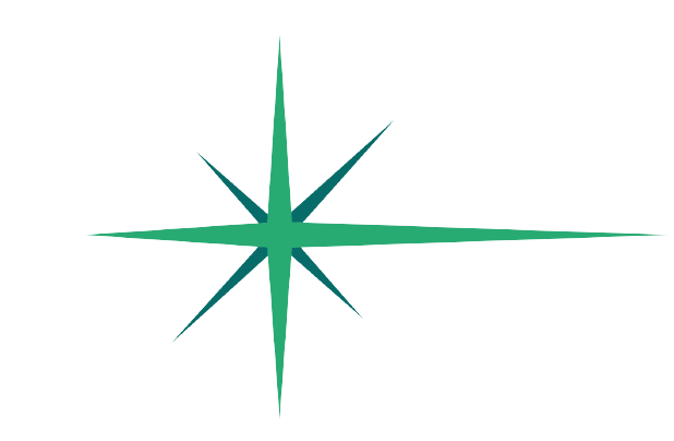 A teal and white star-shaped compass rose symbol.