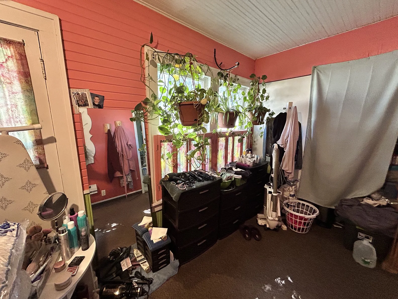 A cluttered bedroom with pink walls, a window with hanging plants, a dresser with various items, and a laundry basket. Clothes and personal items are scattered around the room.
