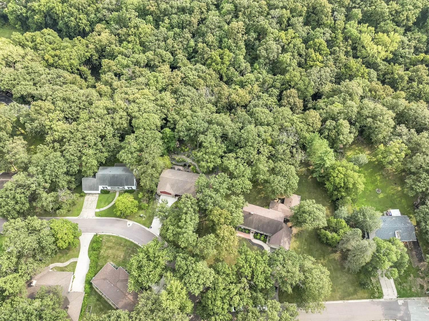 Aerial view of a suburban neighborhood with houses and lush green trees.