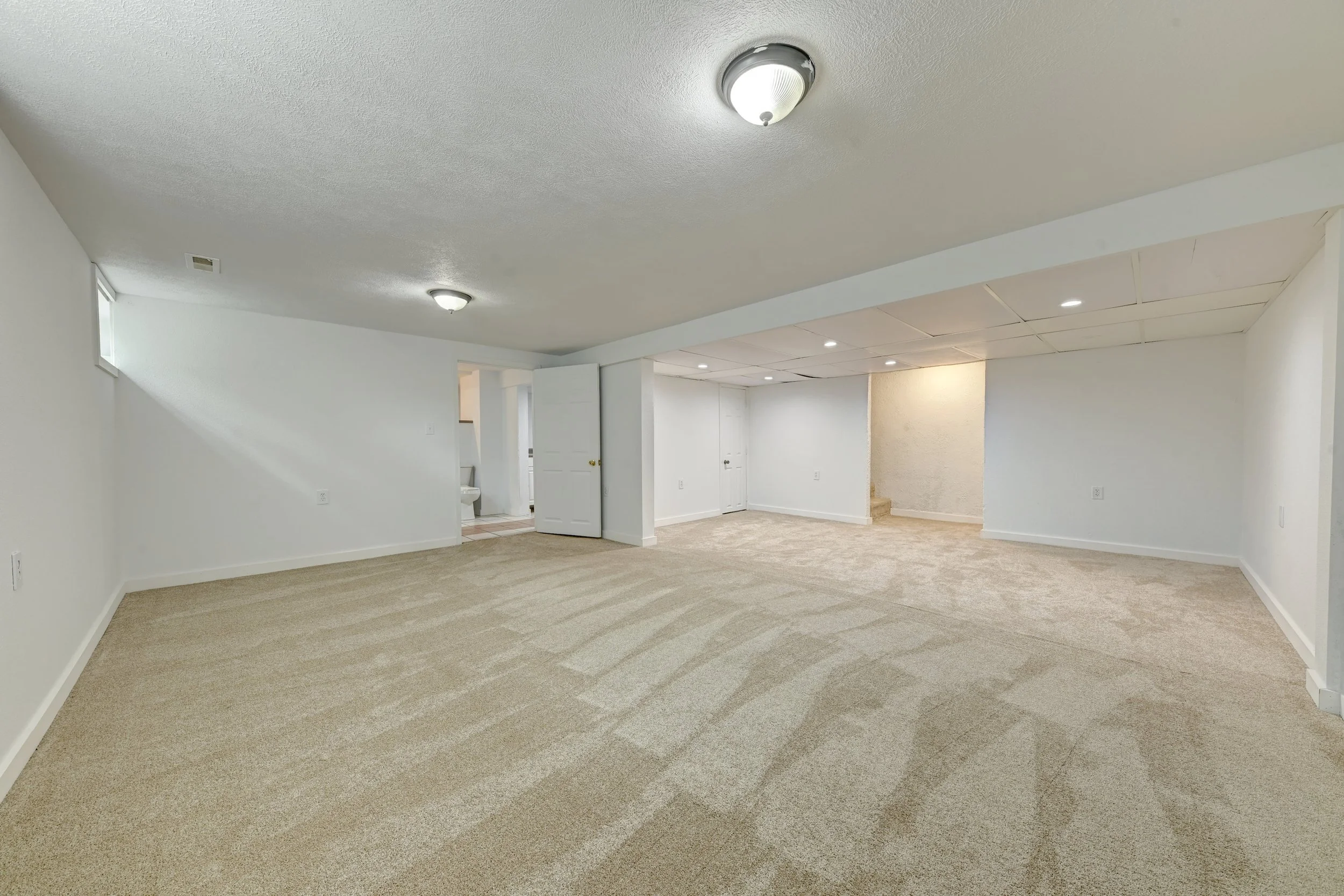 Empty living room with white walls, beige carpet, and ceiling lights.