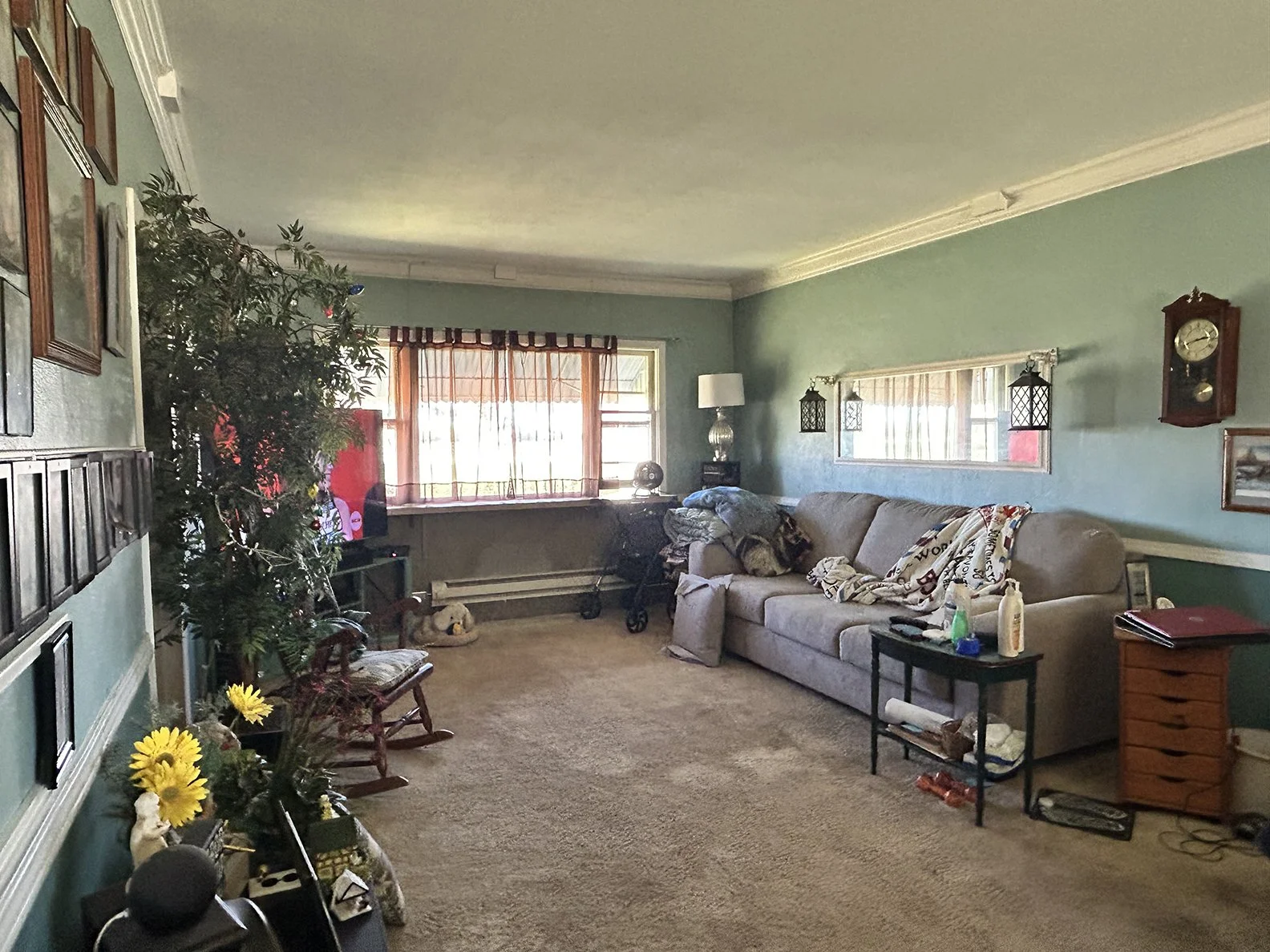 Living room with green walls, a beige sofa with blankets, a small black table with bottles and hygiene items, a large window with curtains, a wall clock, a smaller window with hanging lanterns, and various furniture and decorative items.