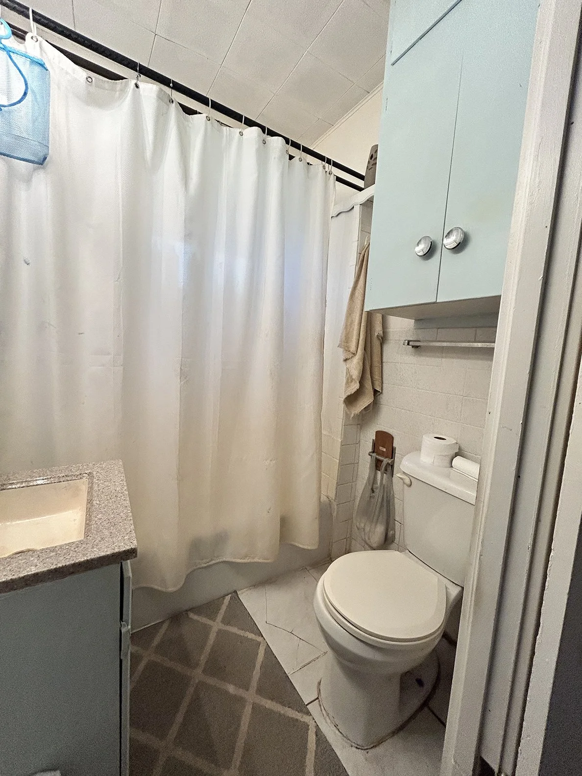 A small bathroom with a toilet, beige towels hanging on a hook, a shower with a white curtain, a small blue bag hanging on the shower rod, a light blue cabinet, a sink with a granite countertop, and a patterned rug on the floor.
