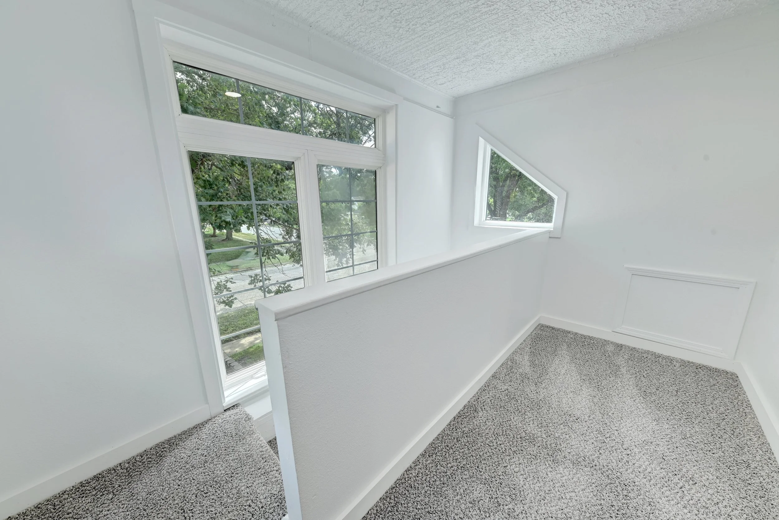 View of a room with white walls, a large window with multiple panes, a triangular window, and a gray speckled carpet. Green trees are visible outside.