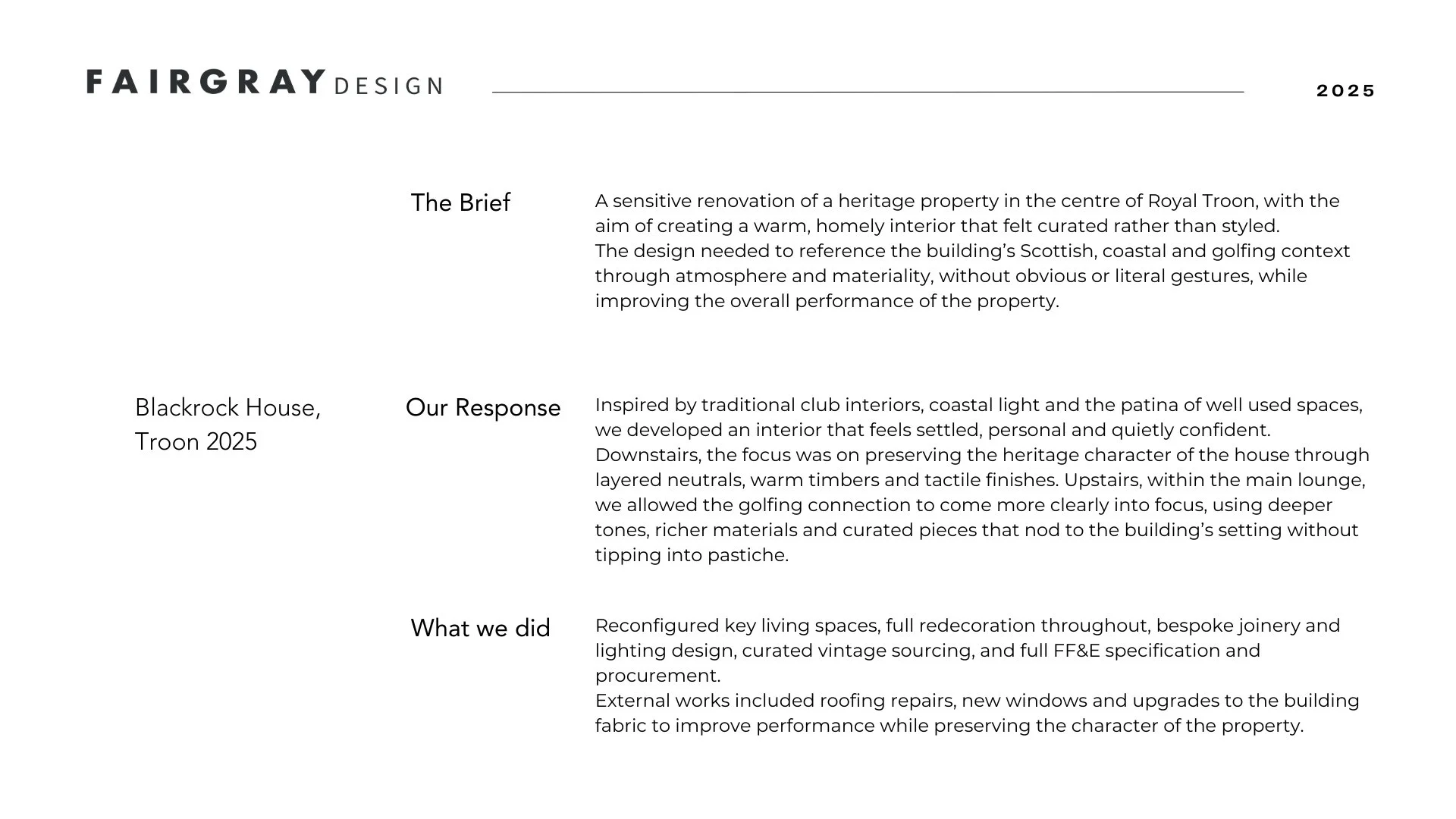 Interior design brief - Blackrock House Troon