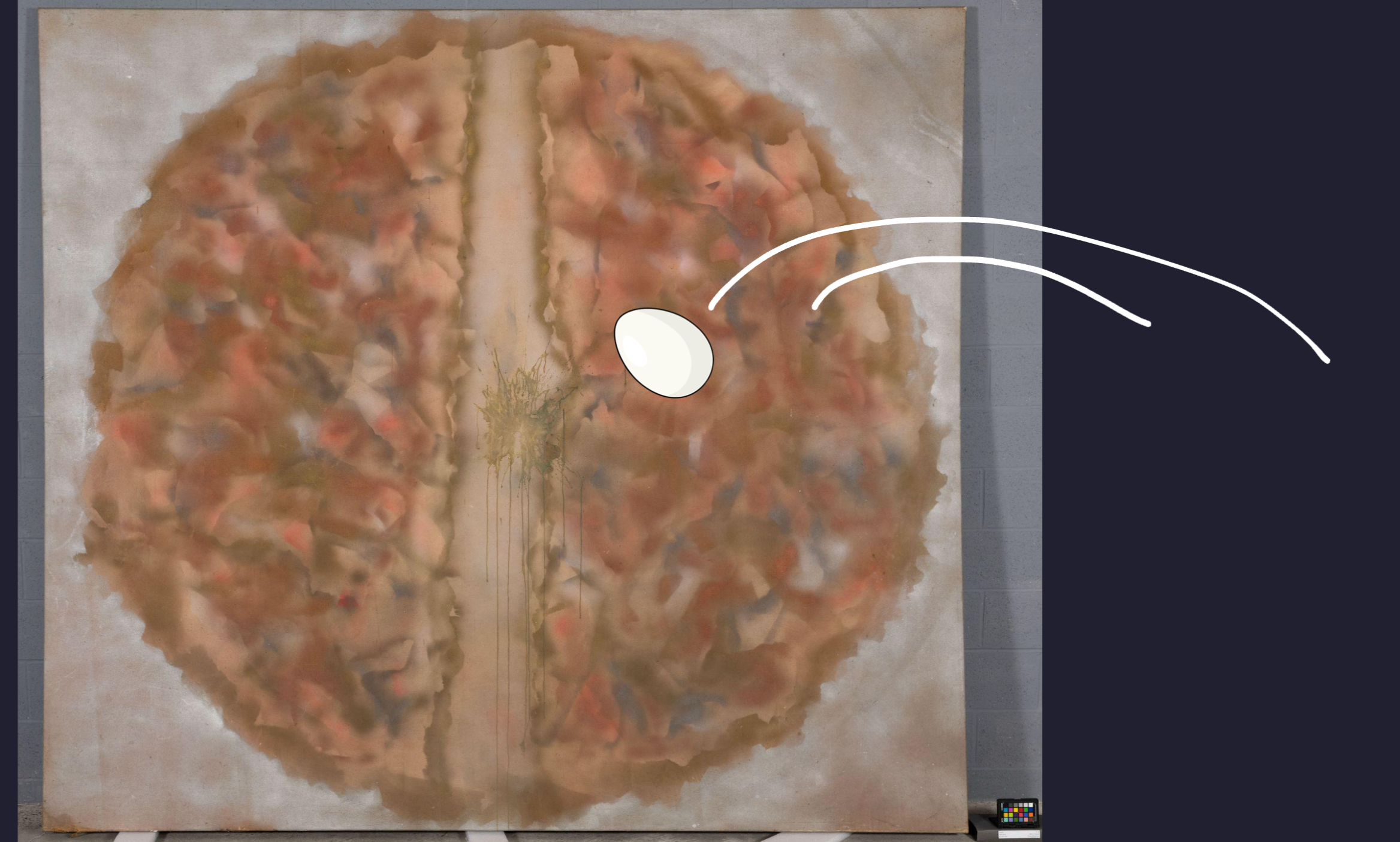 Sheila Isham's Galaxy Series painting with an illustration emphasizing the egging incident.