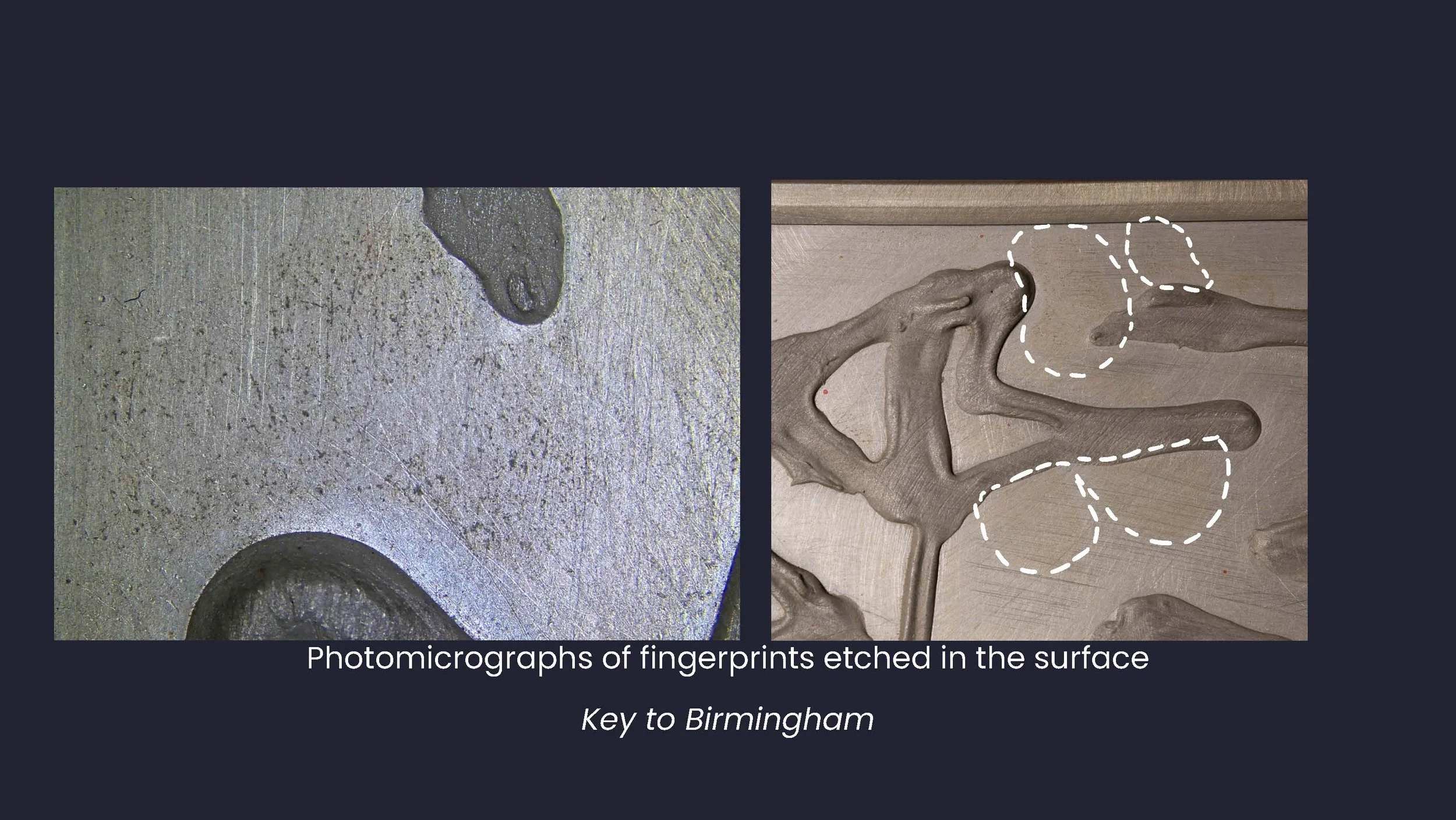 Close up shot taken under magnification of a shiny silver painting with darker silver blobs of paint on it showing a fingerprint in the paint surface and a regular photo of the same area of the silver painting showing the same fingerprint plus others