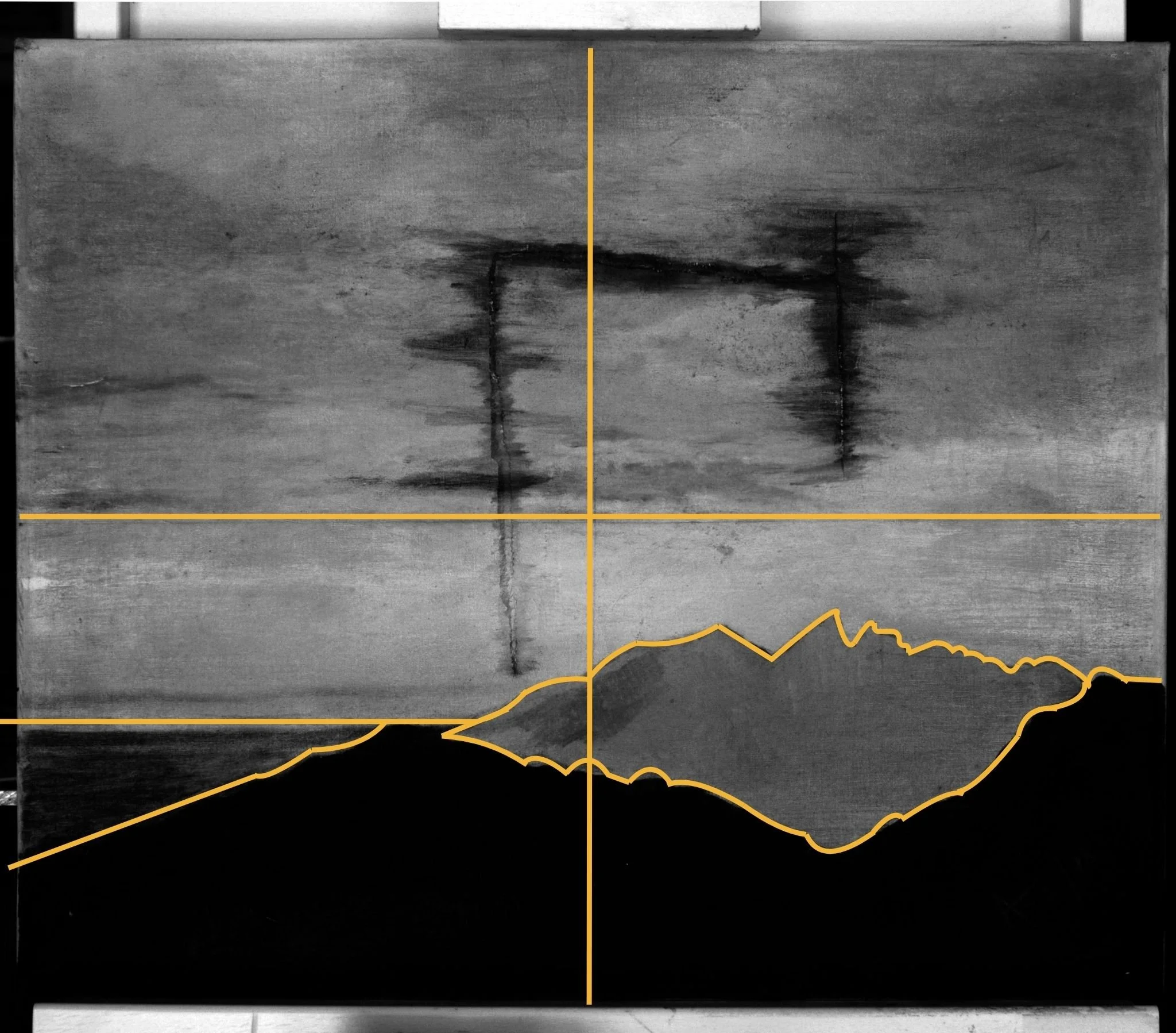 Before treatment, IR photo - edited to show pencil lines