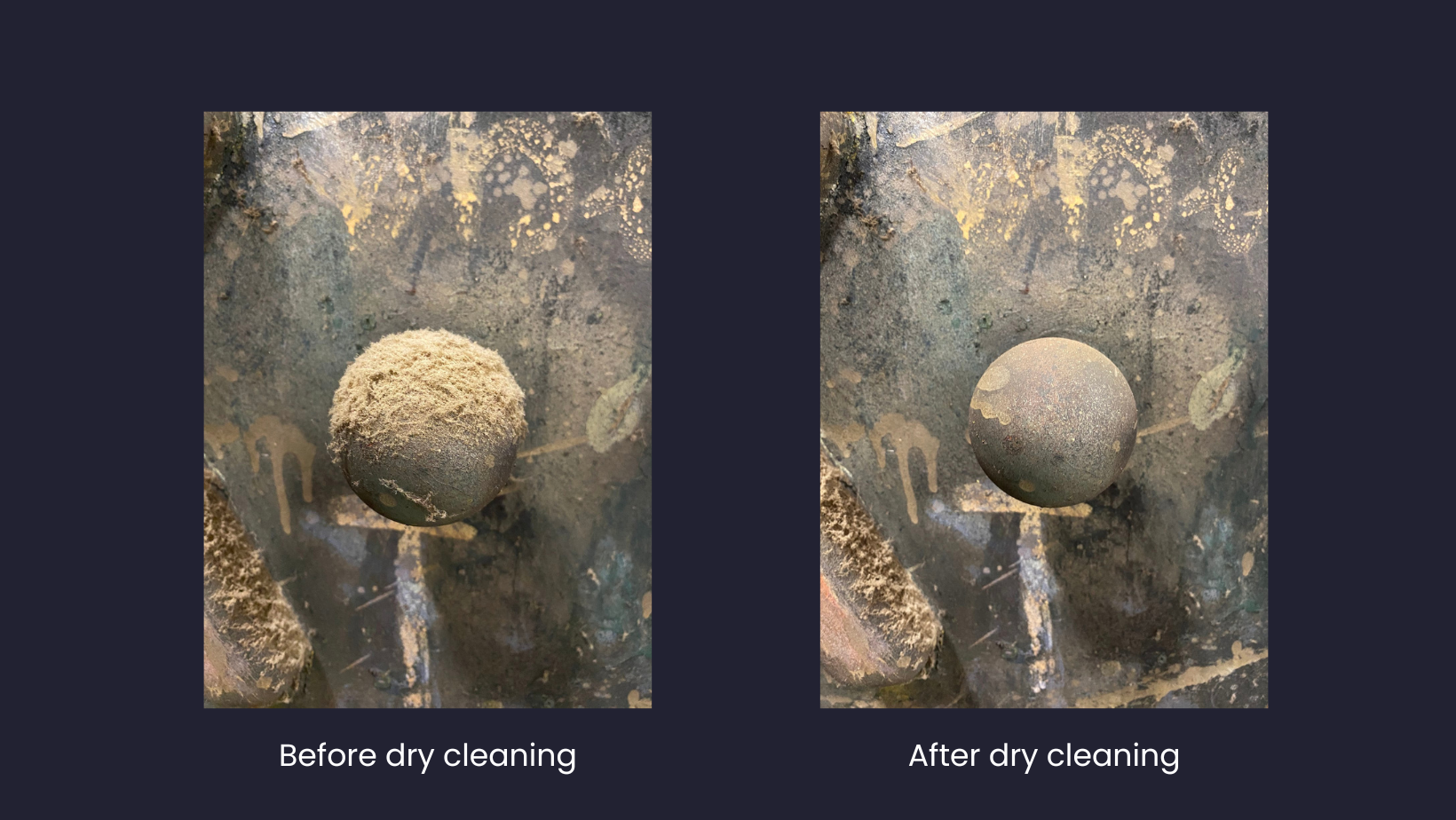 Two detail photographs, one before treatment and one after treatment, showing the amount of dirt removed from a section of a painting due to dry cleaning