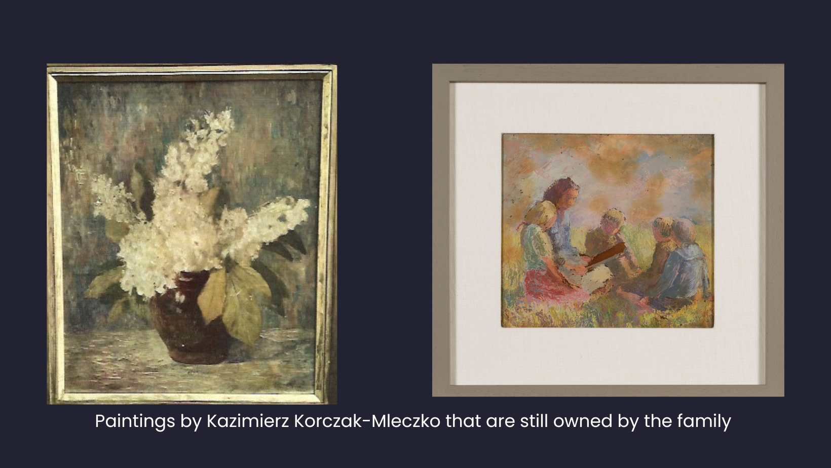 Framed painting of white flowers in a brown vase on a grey green background and a framed painting of a woman reading to a group of children in a field