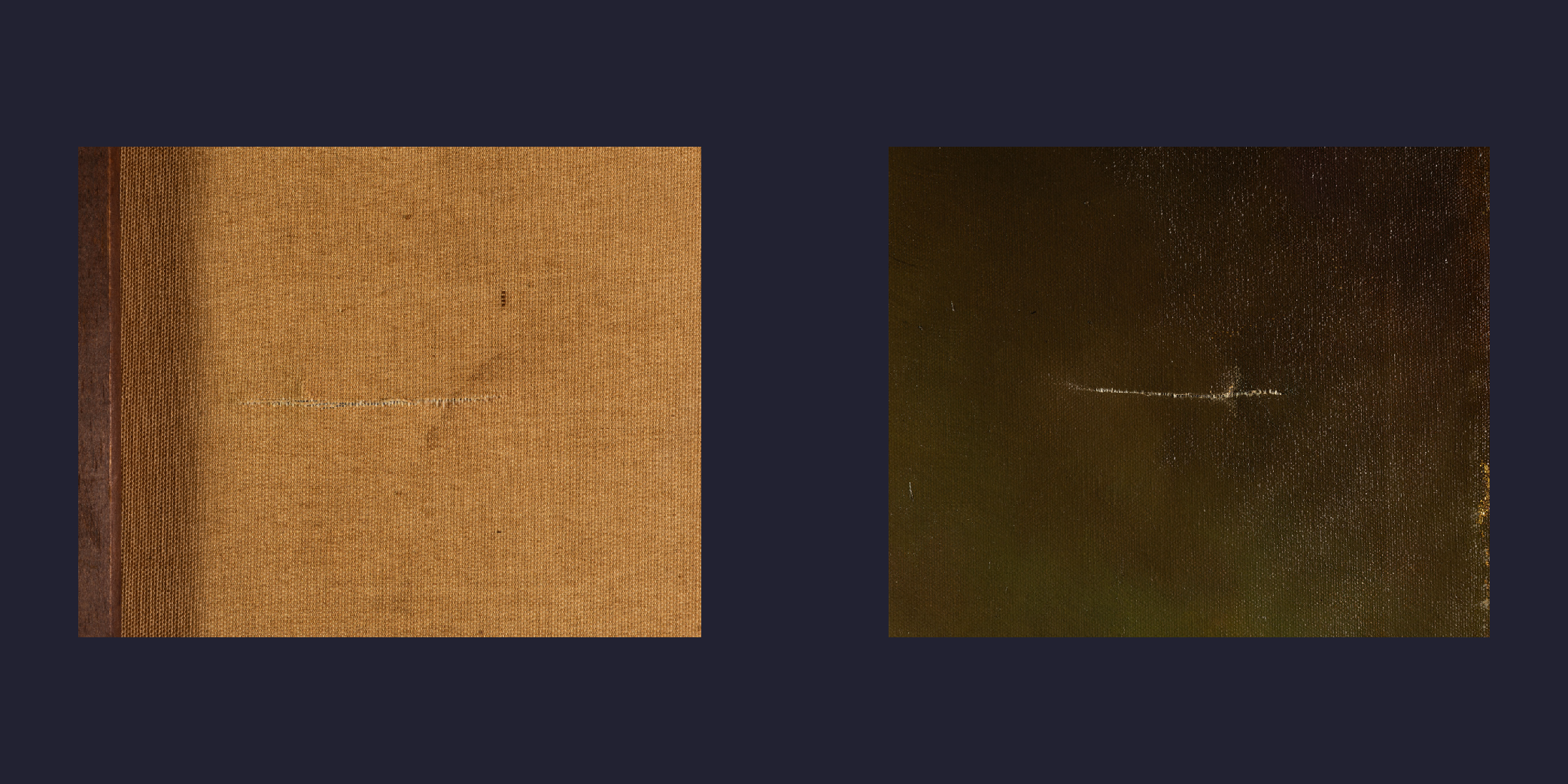 Two pictures of the same horizontal tear in a painting, one taken  from the back of the painting and one taken from the front