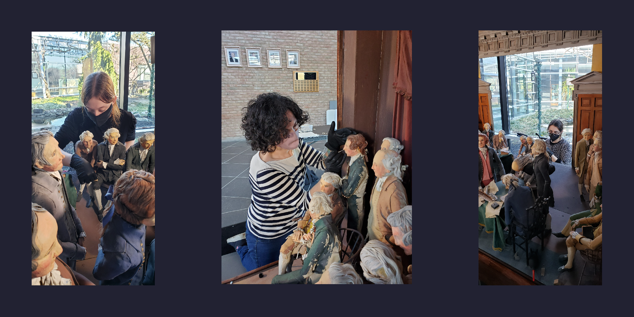 Series of three images of Flux conservators cleaning different sets of figures in the diorama