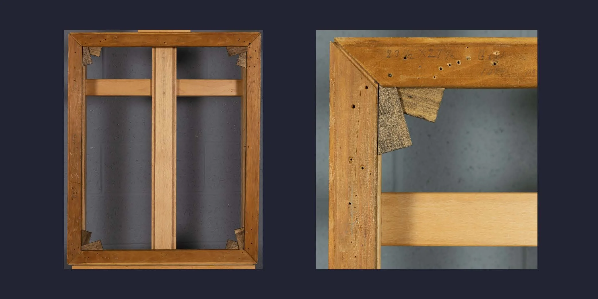 Figure 2a Example of a rectangular, wooden stretcher with eight keys, two keys in each corner. Figure 2b Detail of the wooden stretcher's corner showing the placement of the two keys in that corner.