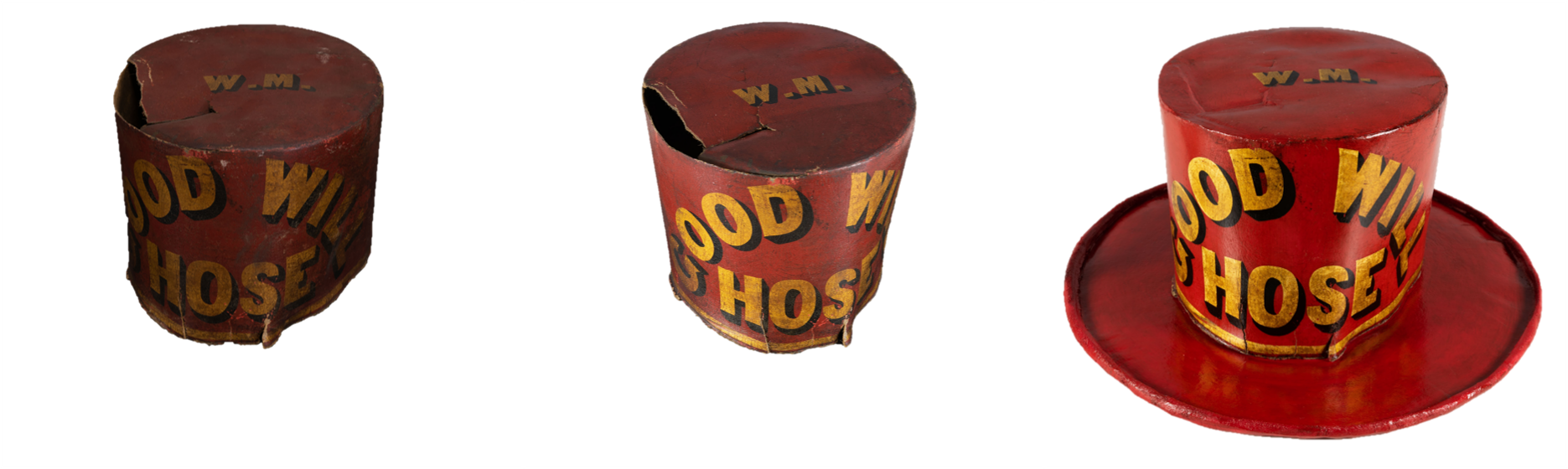 A series of before, during, and after treatment photos of the same red fireman parade hat showing the difference before and after treatment. The hat says Good Will Hose in gold text.