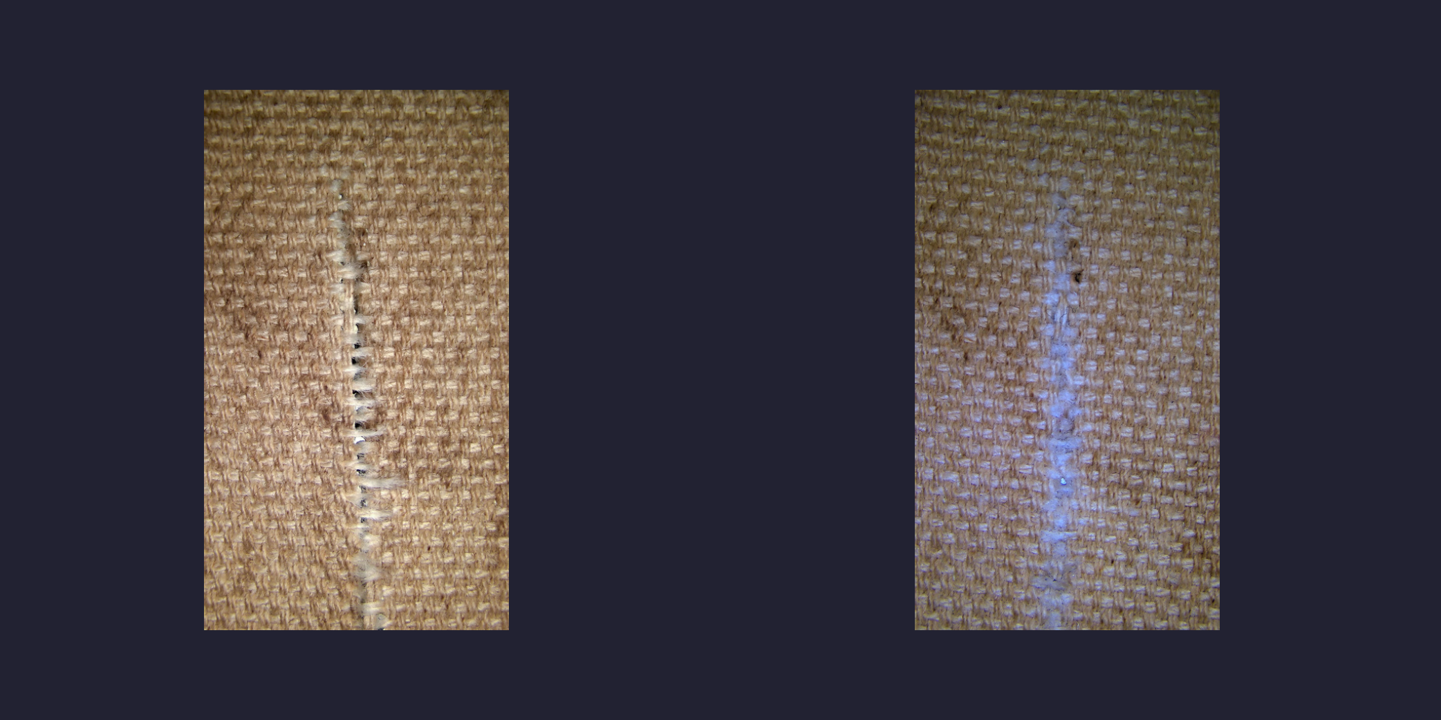 A before and after treatment comparison, under high magnification, of a tear that was repaired using the method of a thread-by-thread tear mend. The torn threads have been visibly brought back together as part of the treatment.