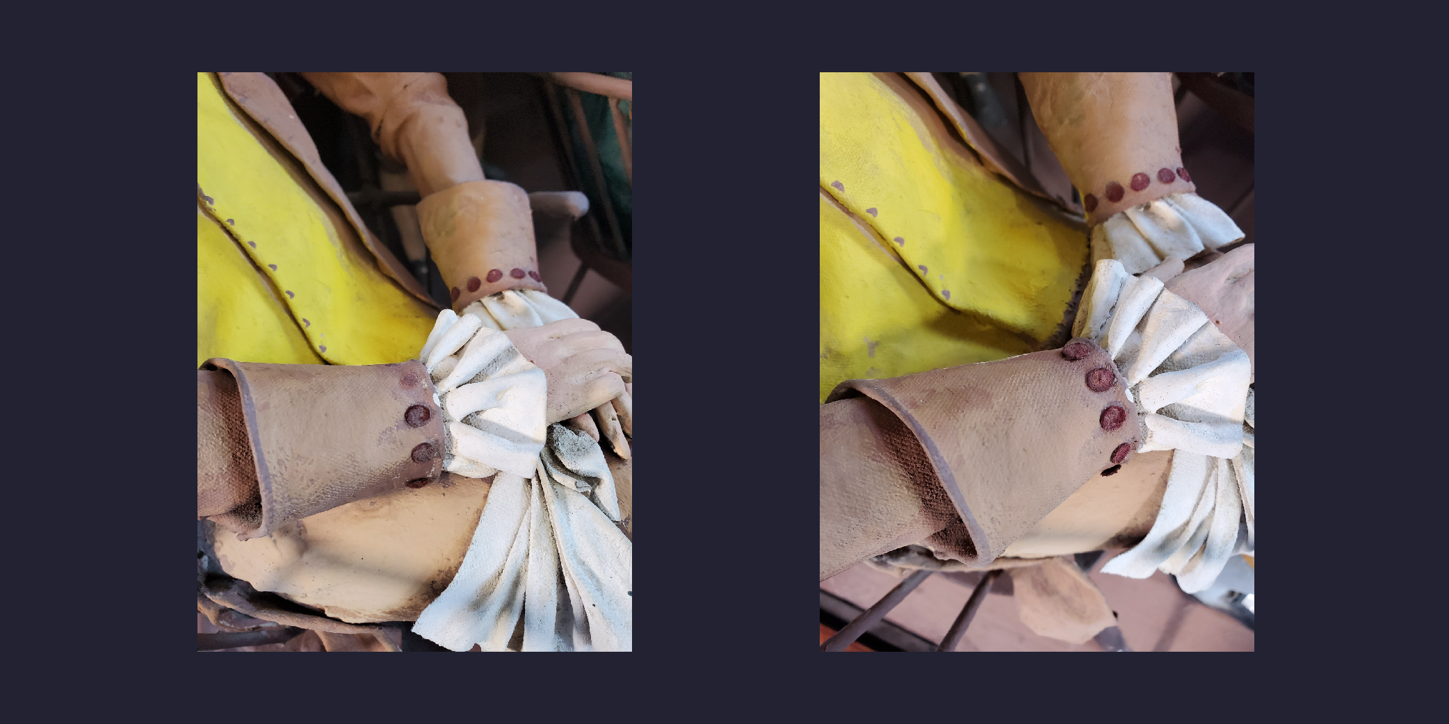 Before and after treatment detail shots of a figure's hands and coat sleeve cuffs. Before photo shows missing buttons on the cuffs. After photo shows the buttons staff recreated and replaced on the cuffs using archival paper and watercolors.